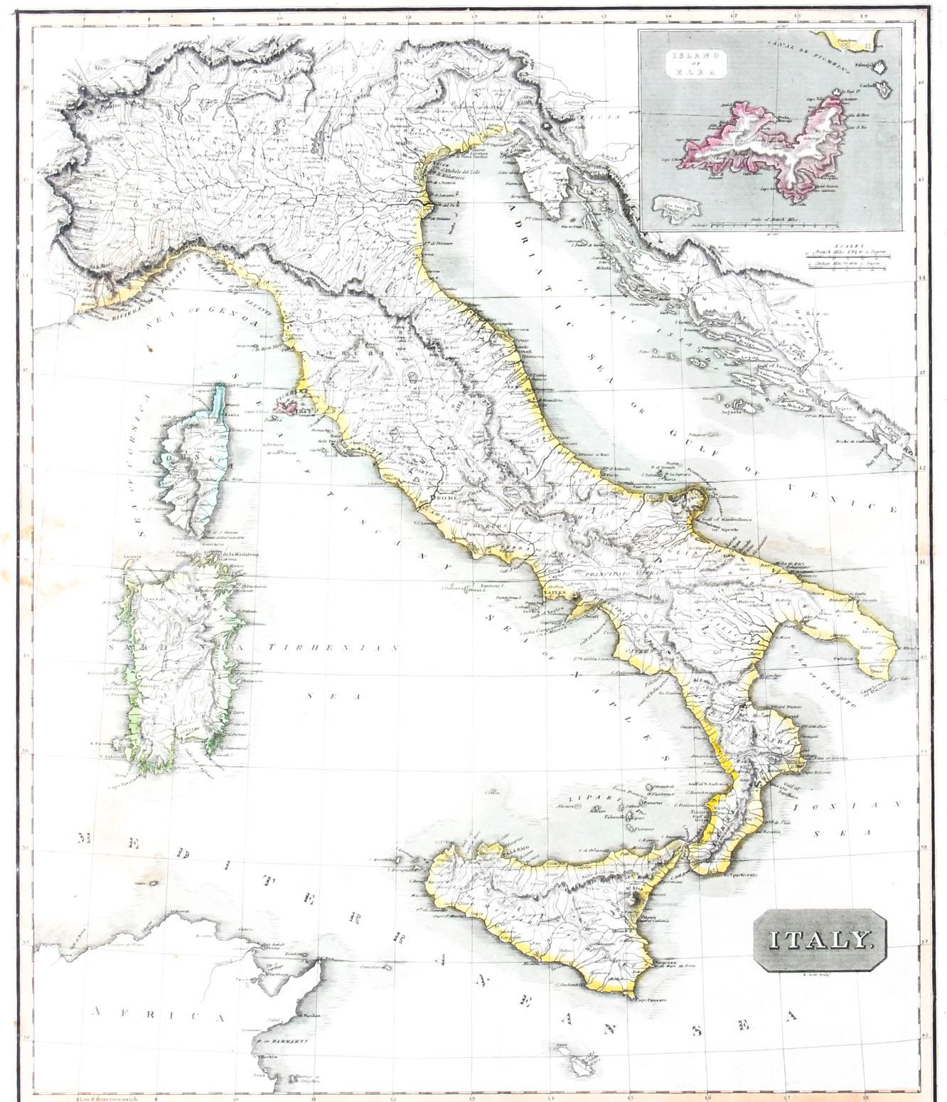 This is a magnificent museum quality antique hand-coloured map of Italy, dating from 1814.

This historic and very rare antique map was drawn and engraved by R. Scott for Thomsons, New General Atlas, Edinburgh. 

The map is very detailed and the