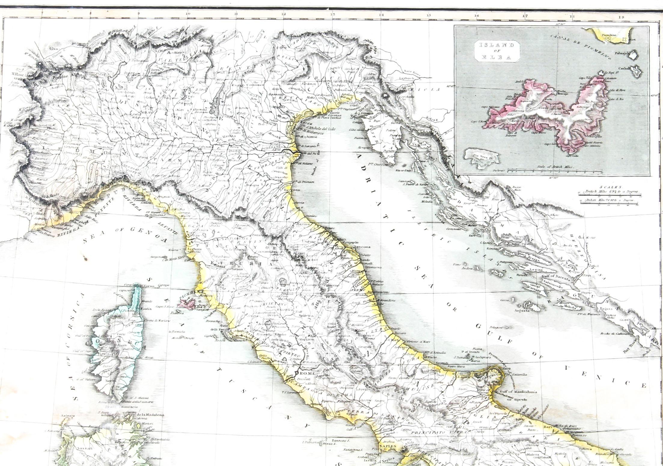 Gilt Antique Map of Italy Drawn & Engraved by R. Scott for Thomsons, Edinburgh 1814 For Sale
