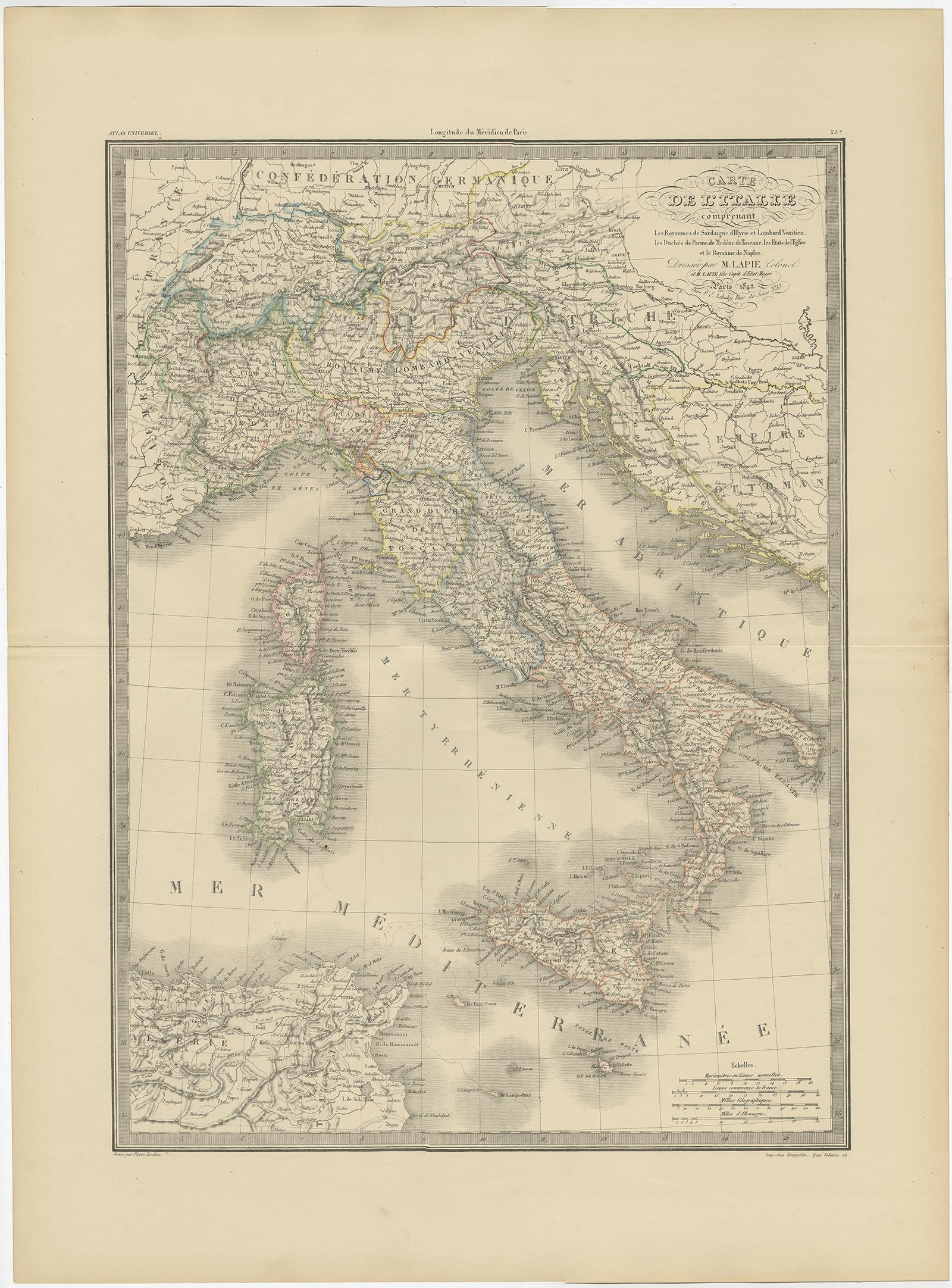 Antique map titled 'Carte de l'Italie'. Map of Italy. 

This map originates from 'Atlas universel de géographie ancienne et moderne (..)' by Pierre M. Lapie and Alexandre E. Lapie. Artists and Engravers: Pierre M. Lapie was a French cartographer