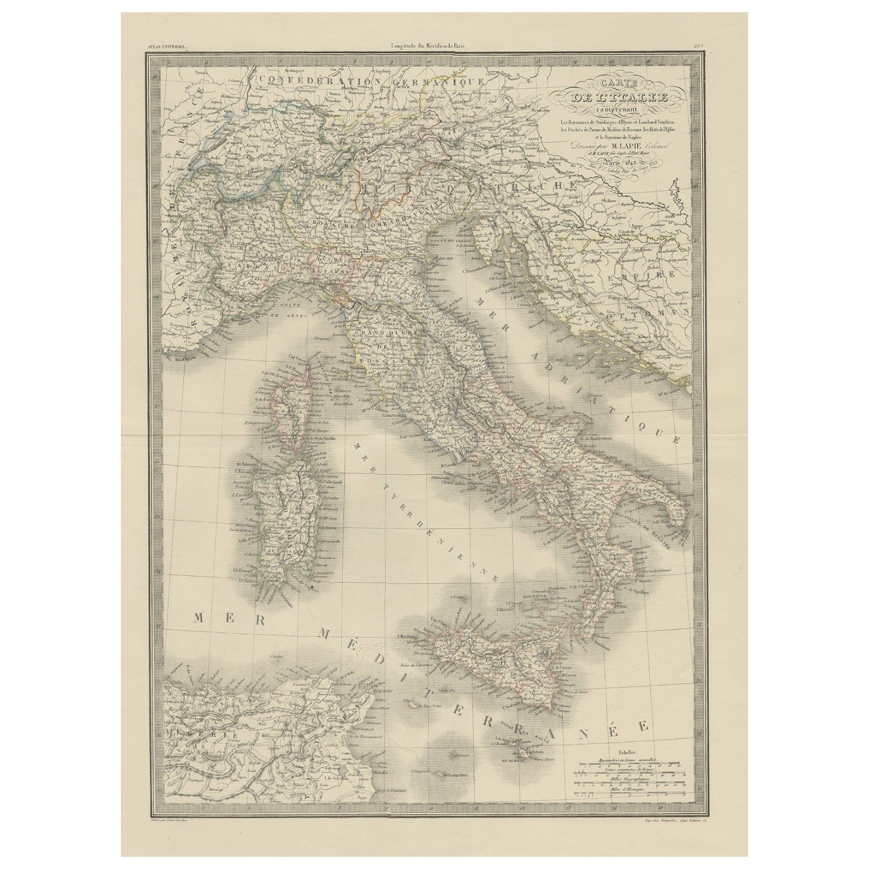 Carte ancienne d'Italie provenant d'un vieux Atlas français, 1842