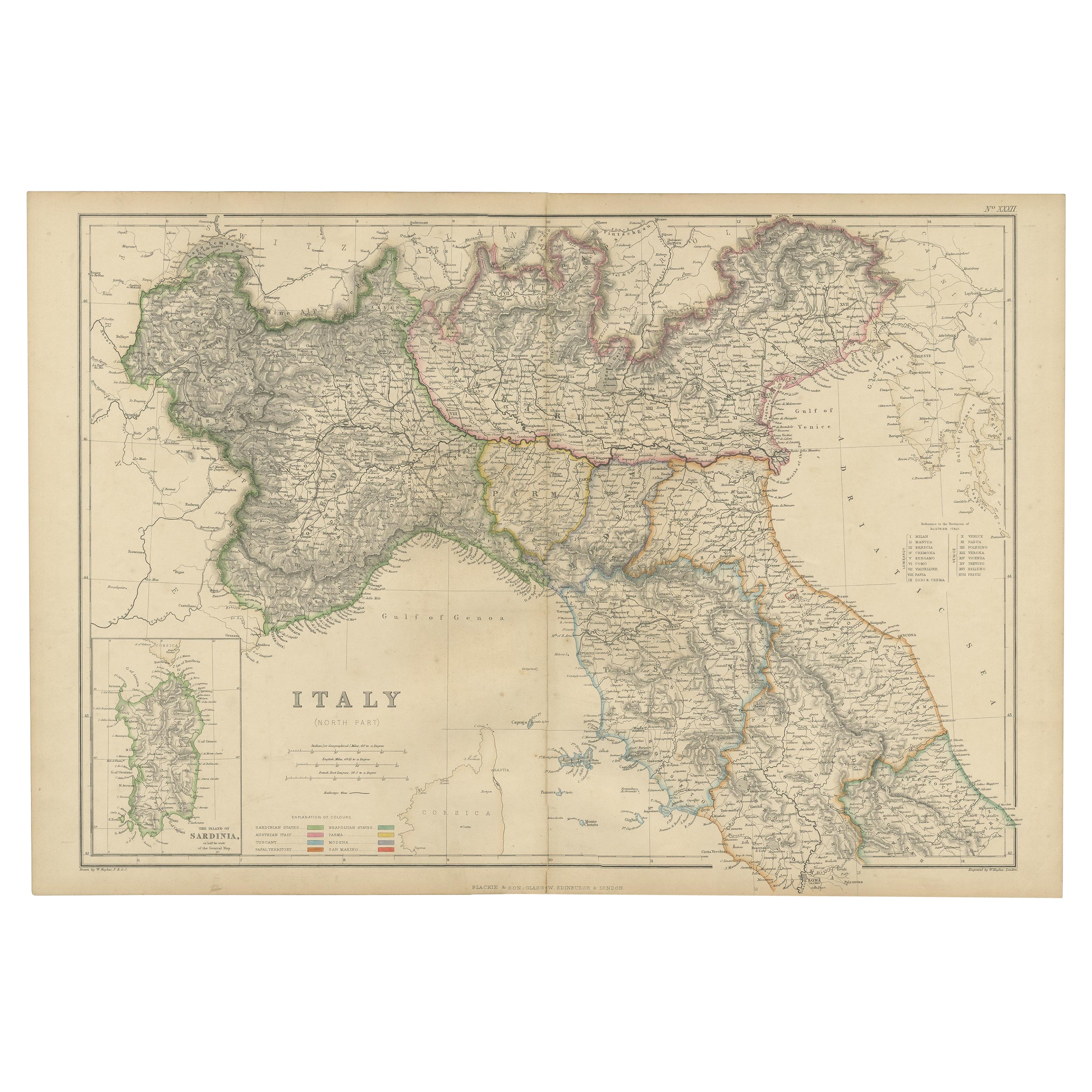 Carta geografica antica dell'Italia, parte nord, di W. G. Blackie, 1859