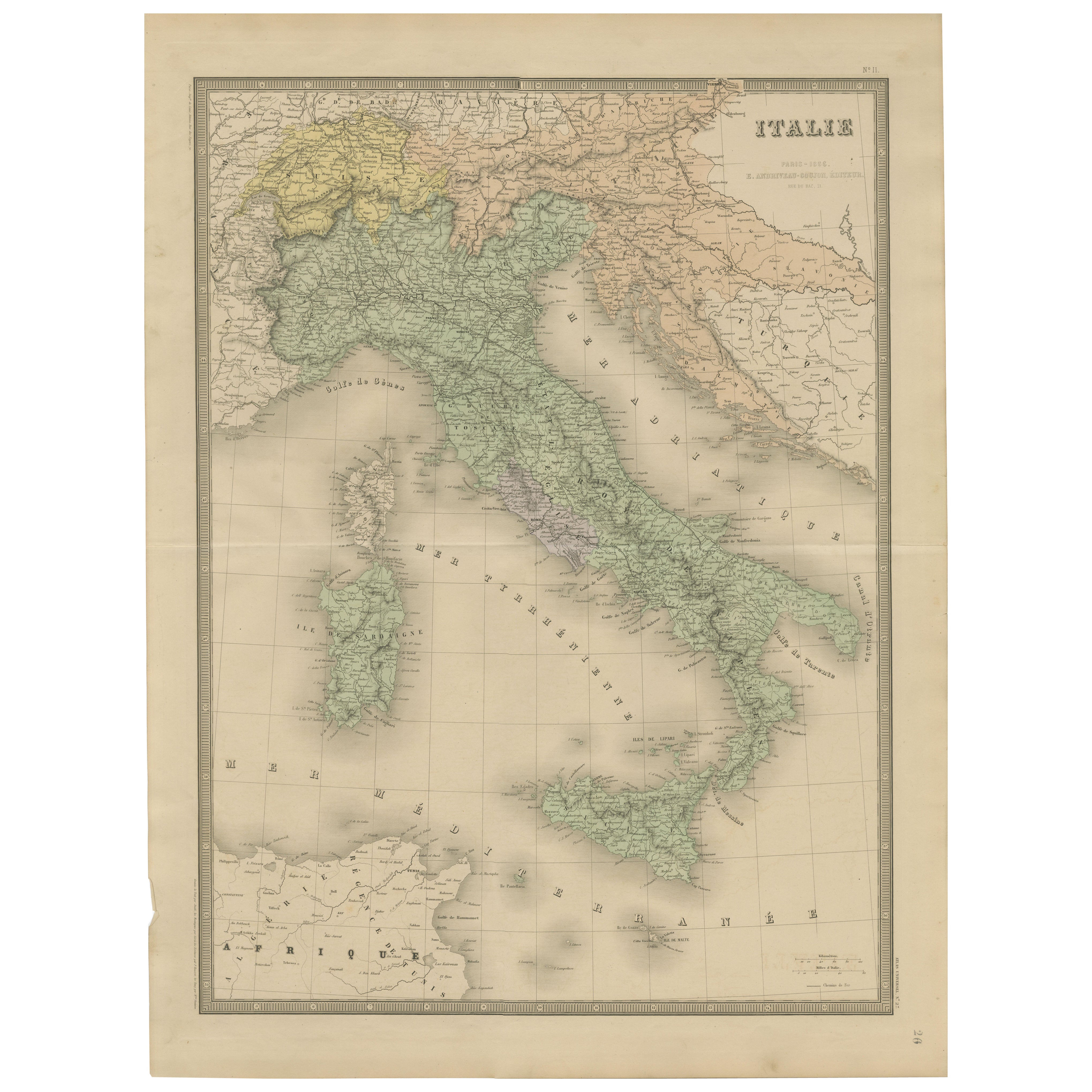 Carte ancienne de l'Italie - L'Italie d'avant l'unification par Andriveau-Goujon, Paris 1861