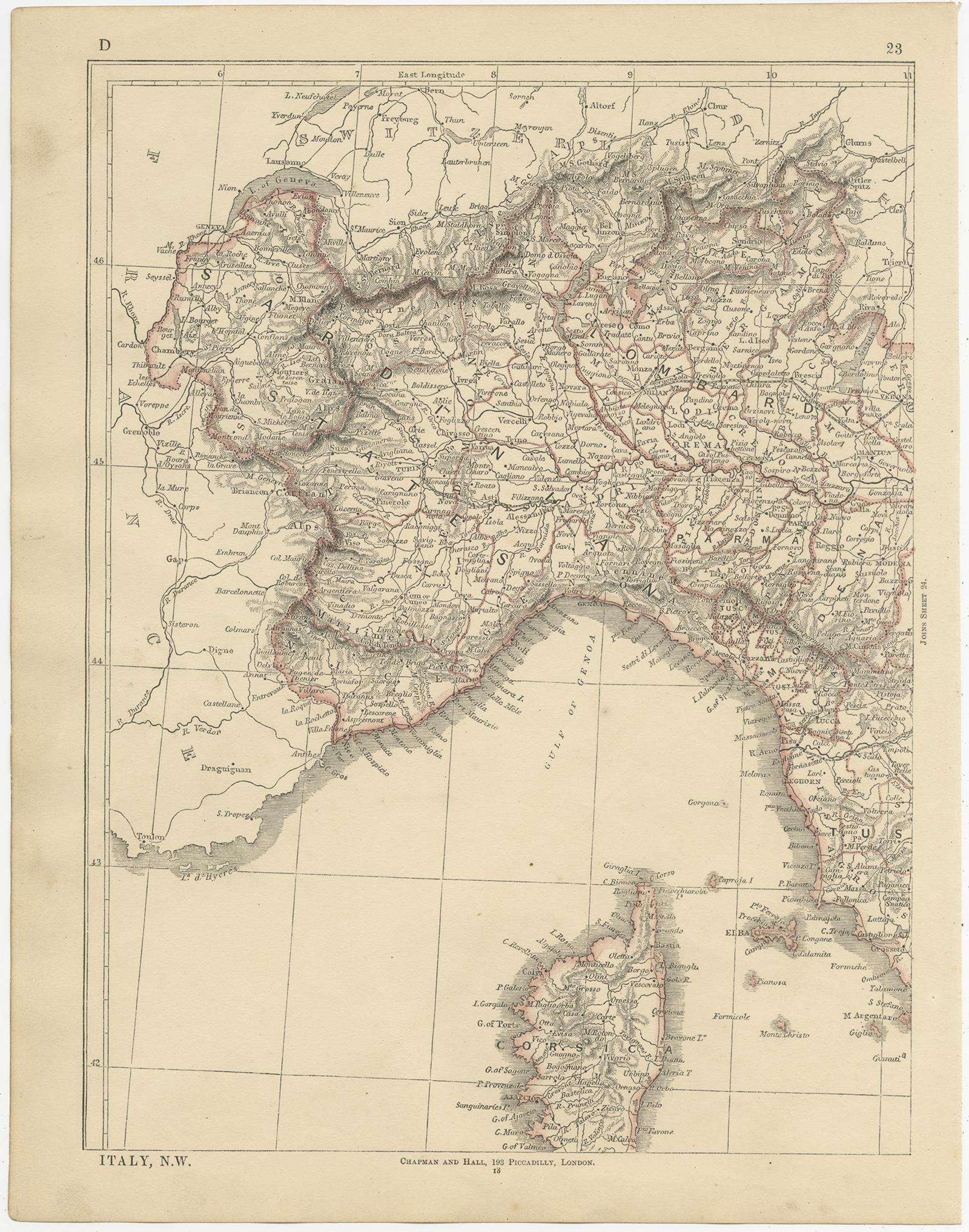 Antique map titled 'Italy, Sardinia and Corsica'. Four individual sheets of Italy, Sardinia and Corsica. This map originates from 'Lowry's table atlas constructed and engraved from the most recent Authorities' by J.W. Lowry. Published 1852.
