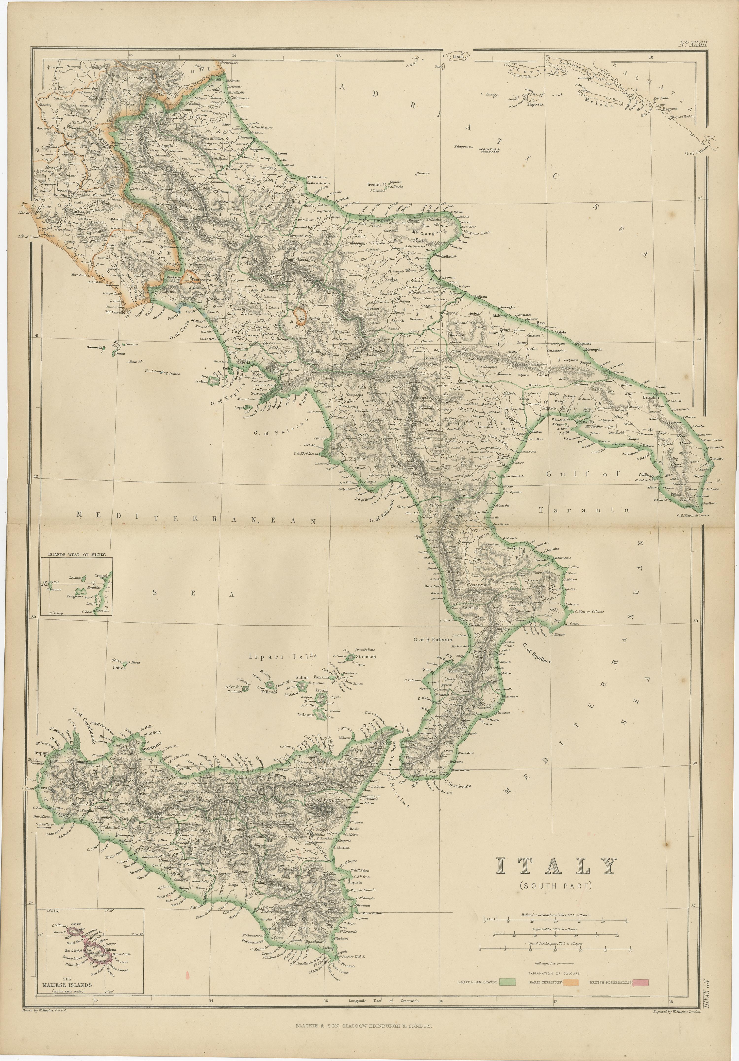 Antique map titled 'Italy South Part'. Original antique map of Italy South Part with inset maps of Malta and Island west of Sicily. This map originates from ‘The Imperial Atlas of Modern Geography’. Published by W. G. Blackie, 1859.