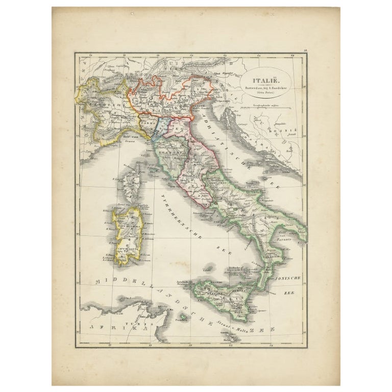 Mapa antiguo de Italia con bordes coloreados a mano, 1852