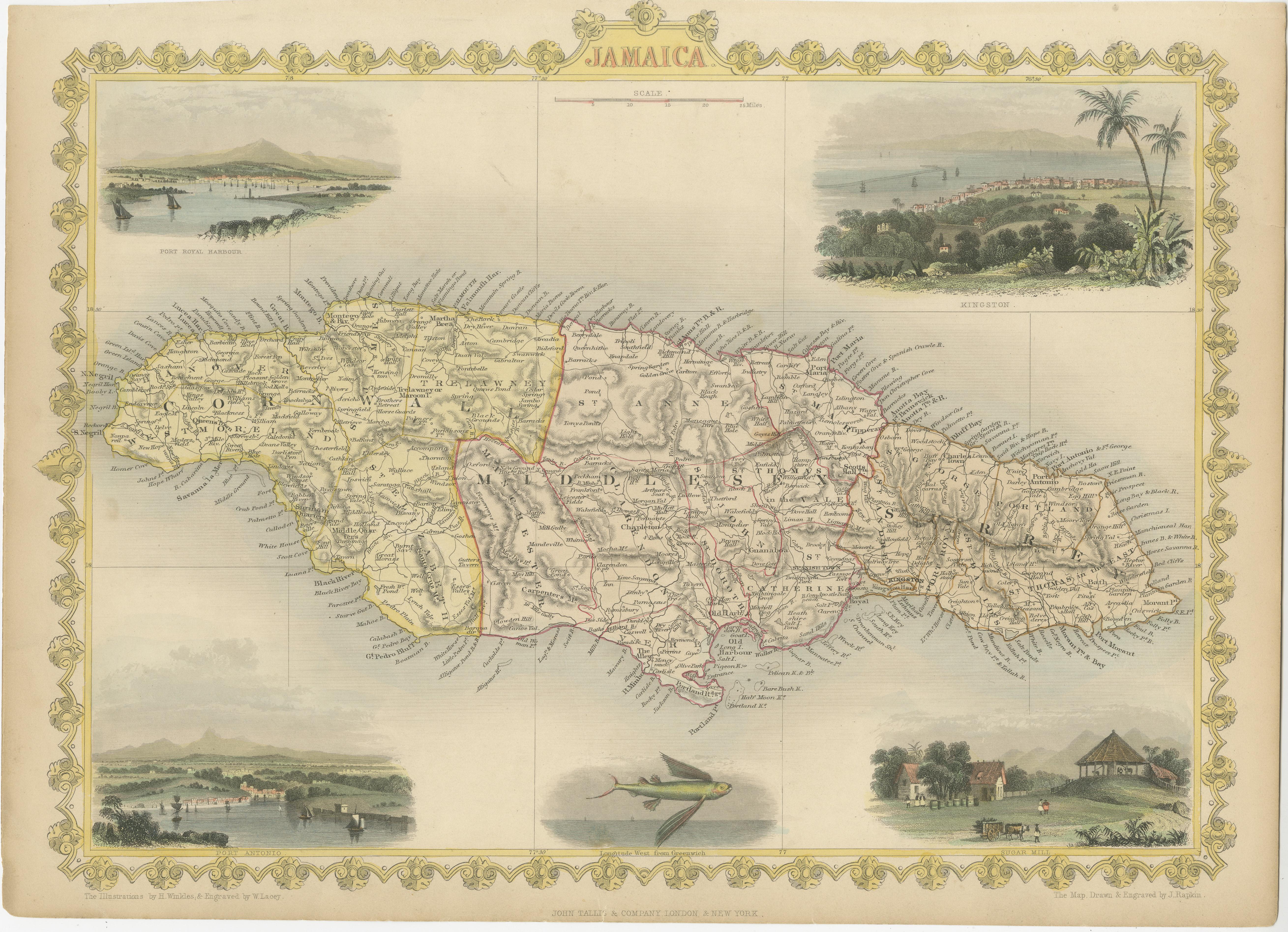 Antique map titled 'Jamaica'. Includes decorative vignettes of Kingston, Port Antonio, Port Royal Harbour and Sugar Mill. Originates from 'The Illustrated Atlas, And Modern History Of The World Geographical, Political, Commercial & Statistical,