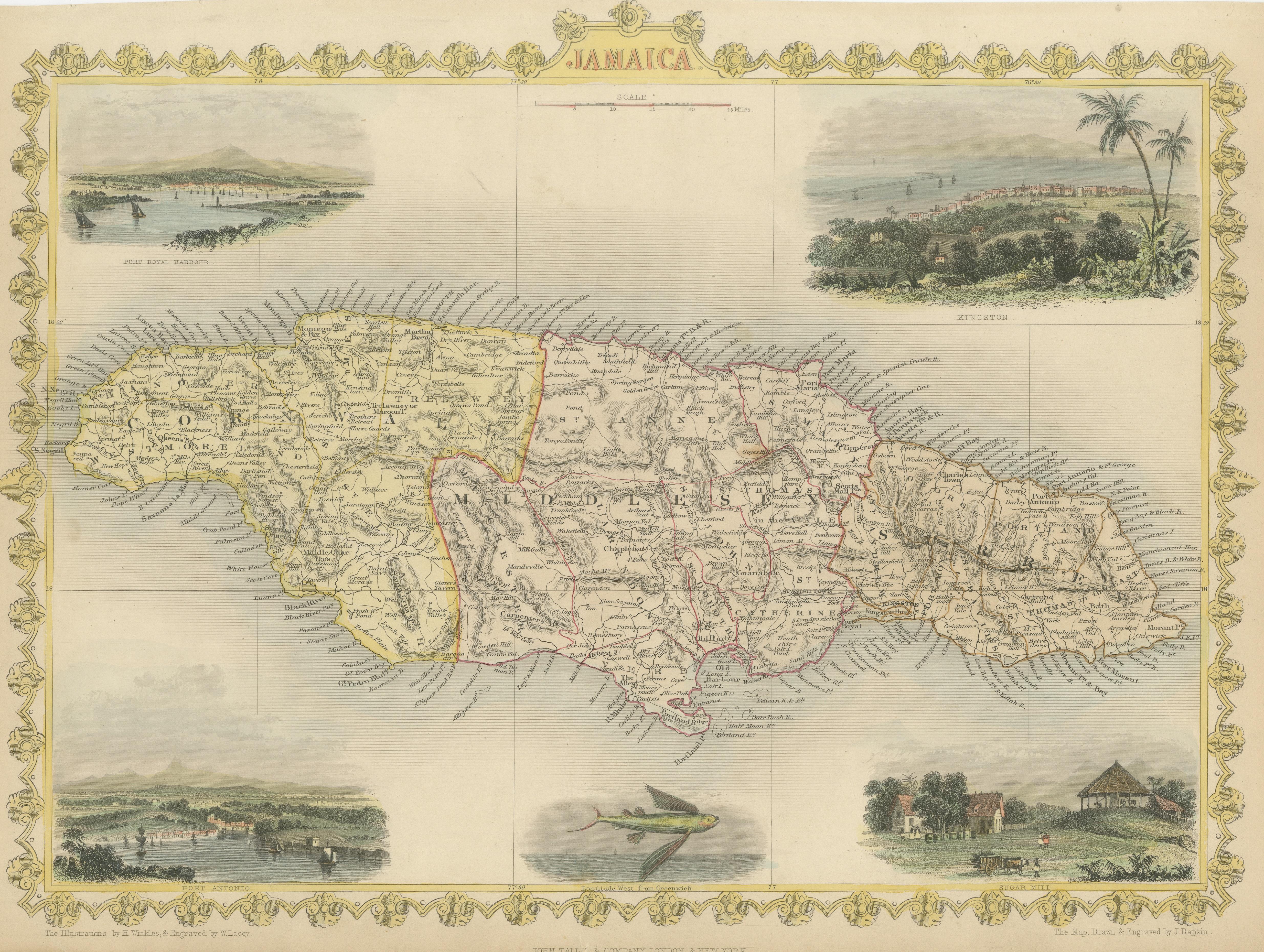 Antique Map of Jamaica with Decorative Vignettes In Fair Condition In Langweer, NL