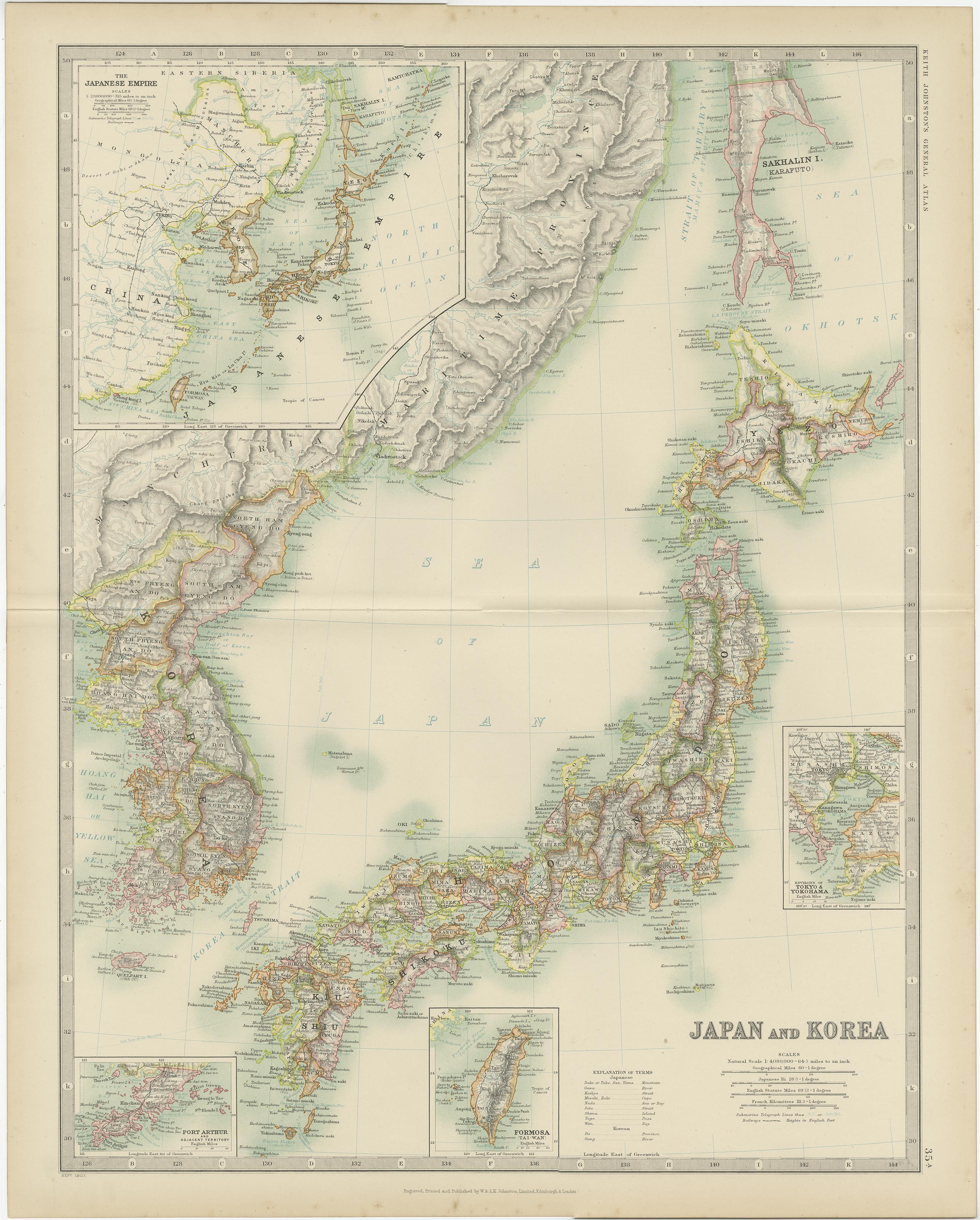 Antique map titled 'Japan and Korea'. Original antique map of Japan and Korea. With inset maps of the Japanese Empire, Port Arthur, Formosa ,Tokyo and Yokohama. This map originates from the ‘Royal Atlas of Modern Geography’. Published by W. & A.K.