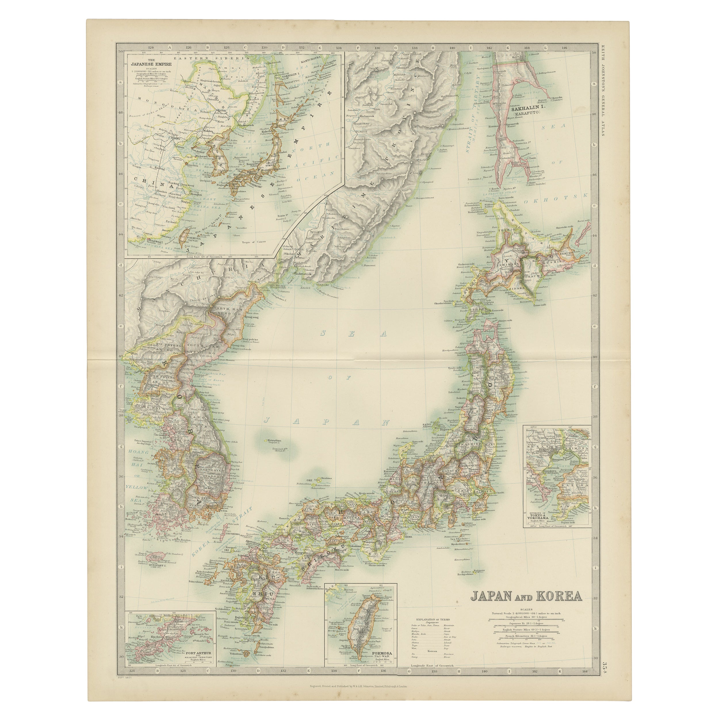 Carta geografica antica del Giappone e della Corea di Johnston del 1909
