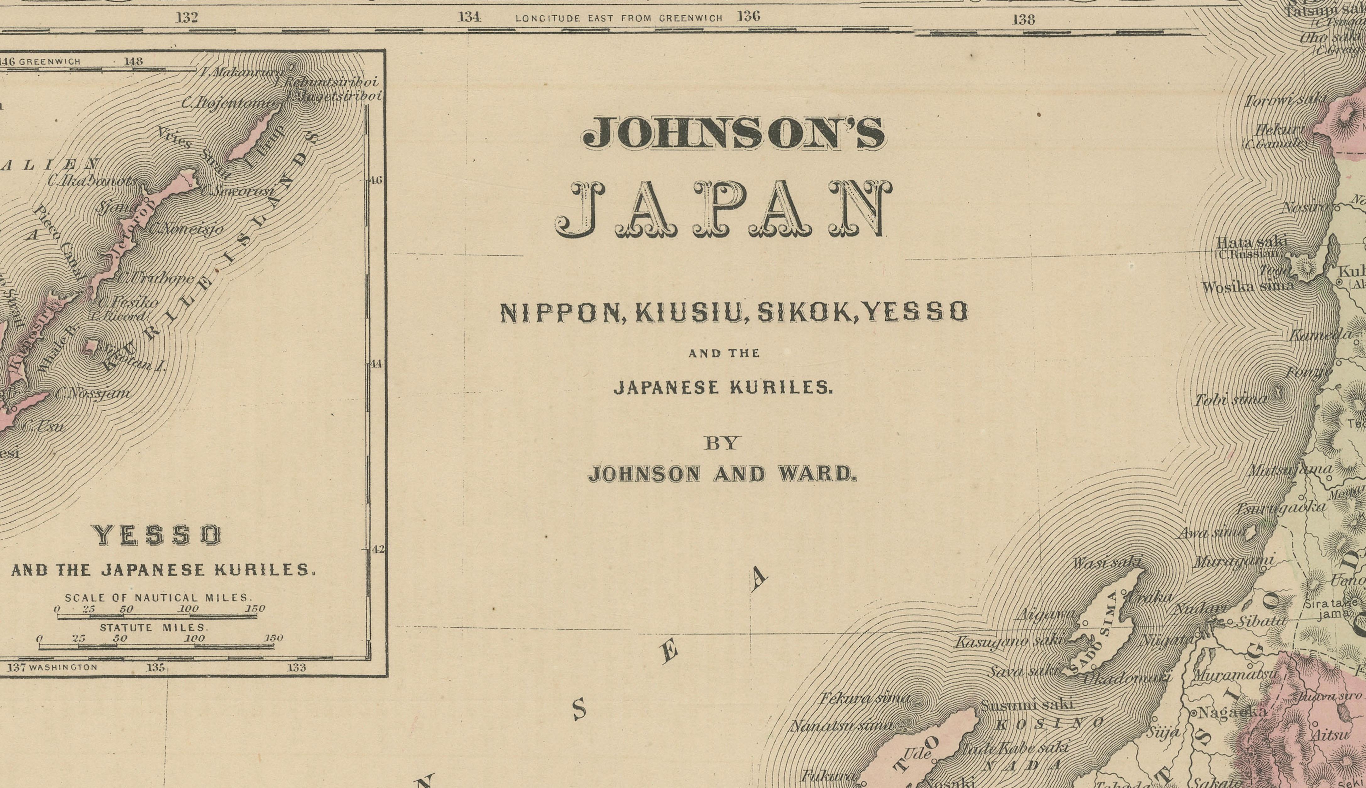 Antique Map of Japan by Johnson & Ward, Decorative Civil War Era Atlas Map, 1865