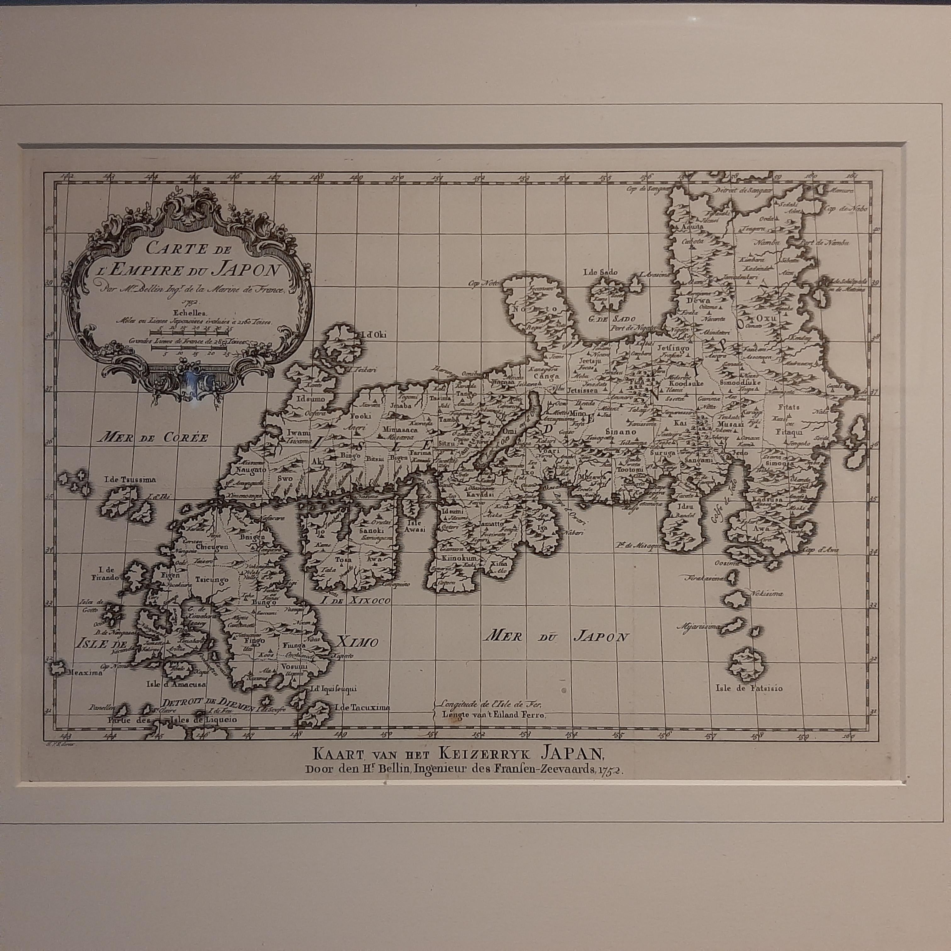 Antique map titled 'Carte de l'Empire du Japon - Kaart van het Keizerryk Japan'. Beautiful map of Japan. This map originates from volume 14 of a Dutch edition of 'Histoire générale des voyages' published by P. de Hondt. Engraved by J. van Schley