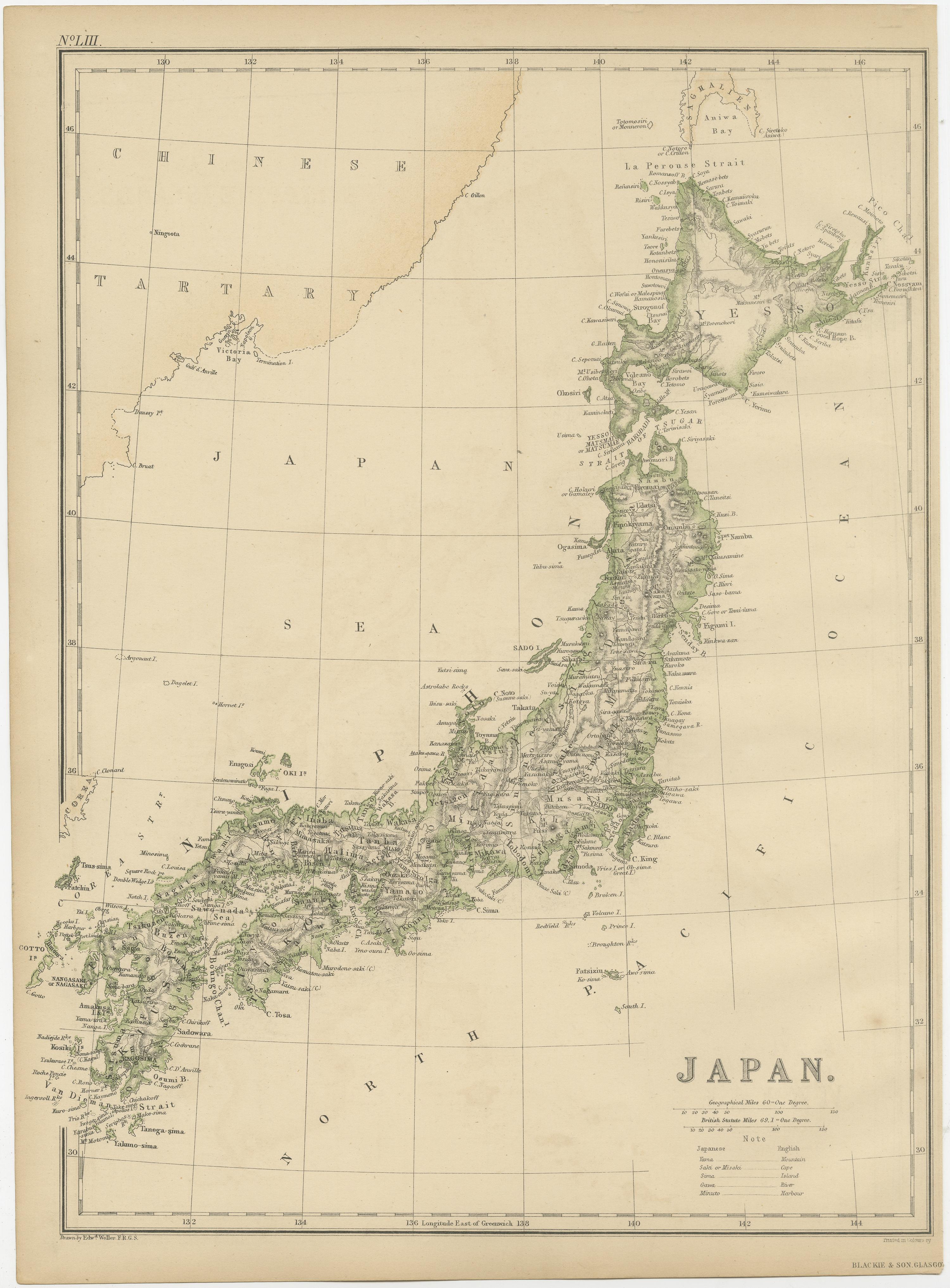 Antique map titled 'Japan'. Original antique map of Japan. This map originates from ‘The Imperial Atlas of Modern Geography’. Published by W. G. Blackie, 1859.