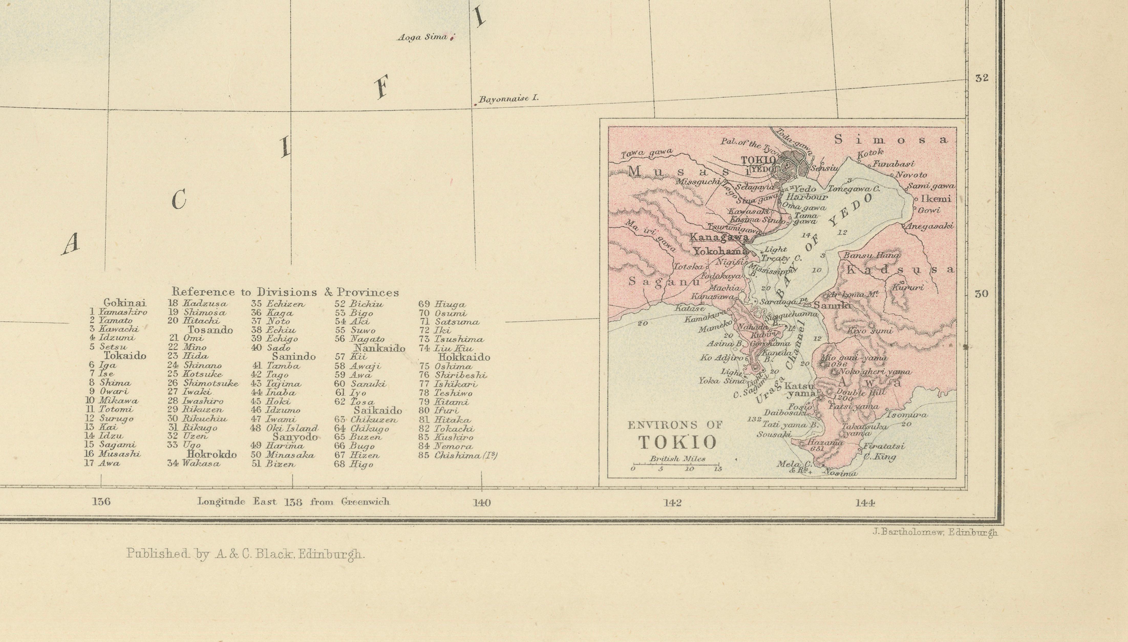 Antique Map of Japan with Tokyo Inset, Black’s General Atlas, 1885