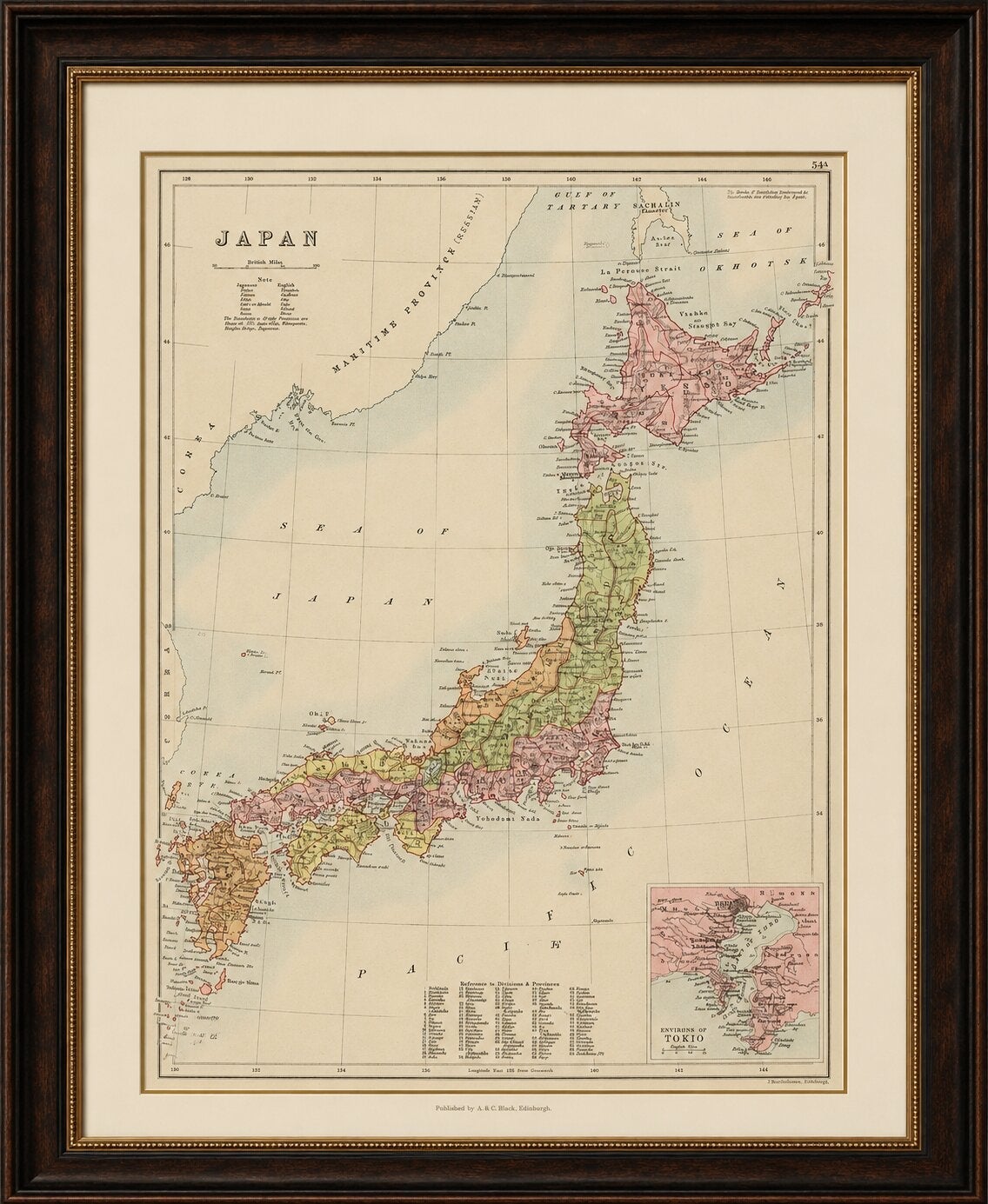 Mapa antiguo de Japón con Tokio, Atlas General de Black, 1885
