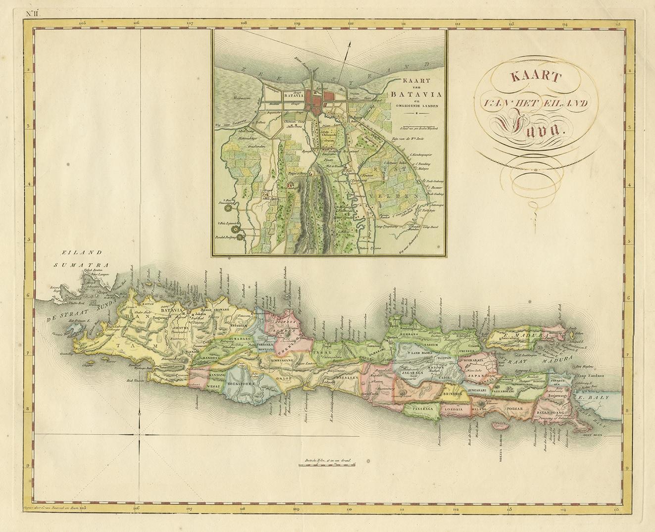 Antique map titled 'Kaart van het Eiland Java'. A rare and attractive early 19th century Dutch map of Java with a large inset map of Batavia. One of 12 maps from 'Atlas van Overzeesche bezittingen' (Atlas of Oversea Possessions) by J.S. van den