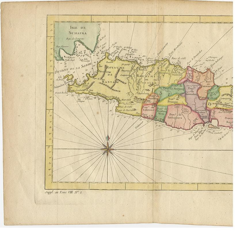 Antique map Indonesia titled 'Nouvelle Carte de l'Isle de Java'. Chart of the island of Java, depicting soundings around the coast, all principal harbors, rivers and elevations, bays and points, settlements and provinces. Included are Madura, Bali,
