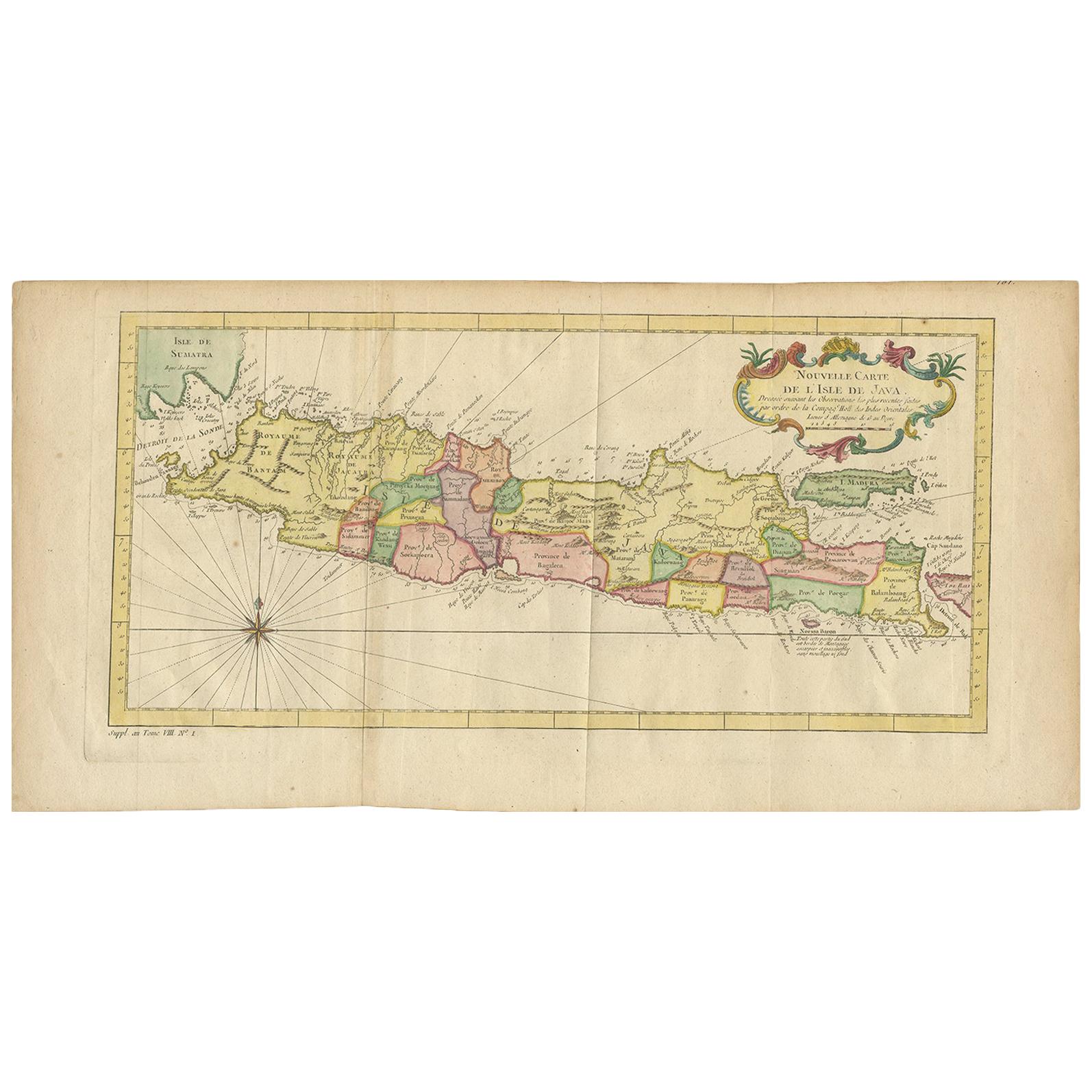 Antike Karte der Insel Java in Indonesien, um 1760