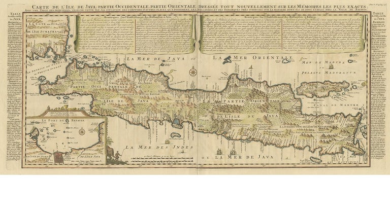 Antique map titled 'Carte de l'Ile de Java: Partie Occidentale, Partie Orientale, Dressee tout Nouvellement Sur Les Memoires Les Plus Exacts (..)'. This beautiful map of Java (Indonesia) exists of two sheets, joined together. It also shows a large