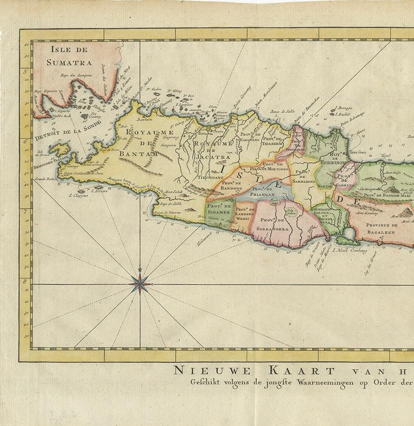 Antique map Indonesia titled 'Nouvelle Carte de l'Isle de Java - Nieuwe kaart, van het Eiland Java'. Chart of the island of Java, depicting soundings around the coast, all principal harbors, rivers and elevations, bays and points, settlements and
