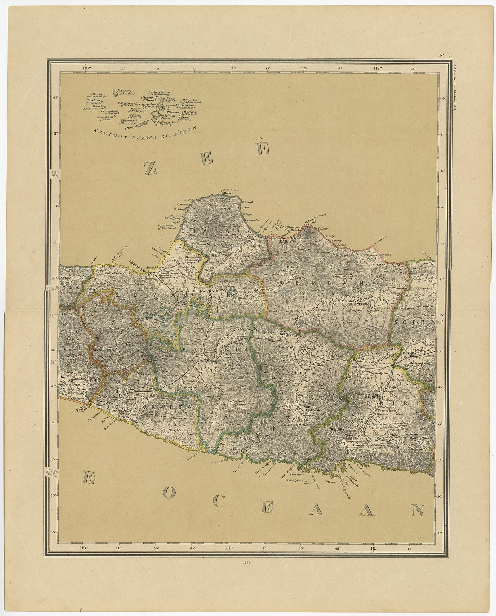 Detailed map of Java in 4 sheets, with an inset map of Batavia (Jakarta). This map originates from 'Atlas van Nederlandsch Oost- en West-Indie' by Dr. I. Dornseiffen. Published by Seyffardt's Boekhandel, Amsterdam.