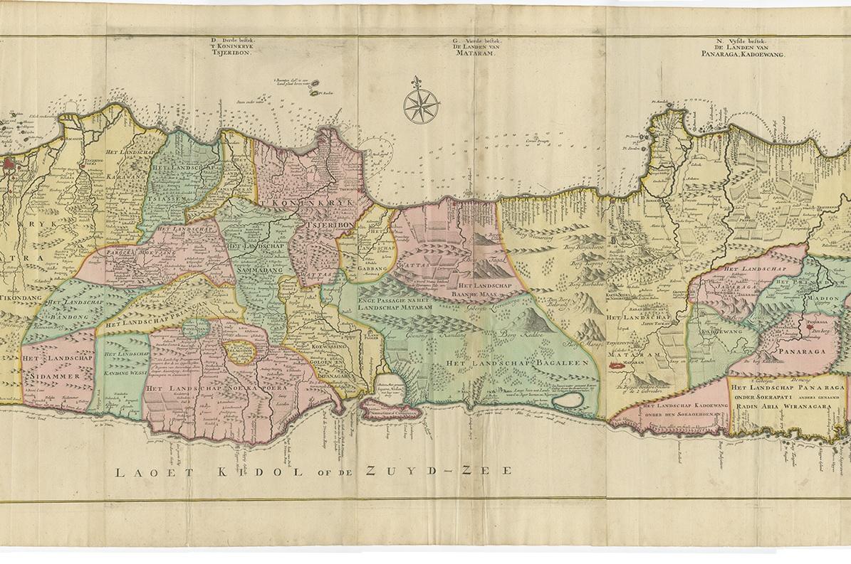 Antique map titled 'Nieuwe en zeer naaukeurige Kaart van t Eyland Java Major of Groot Java'. This large-scale map of Java is richly engraved with details of agricultural fields, roads, temples, and topography. The coastline is filled with soundings,