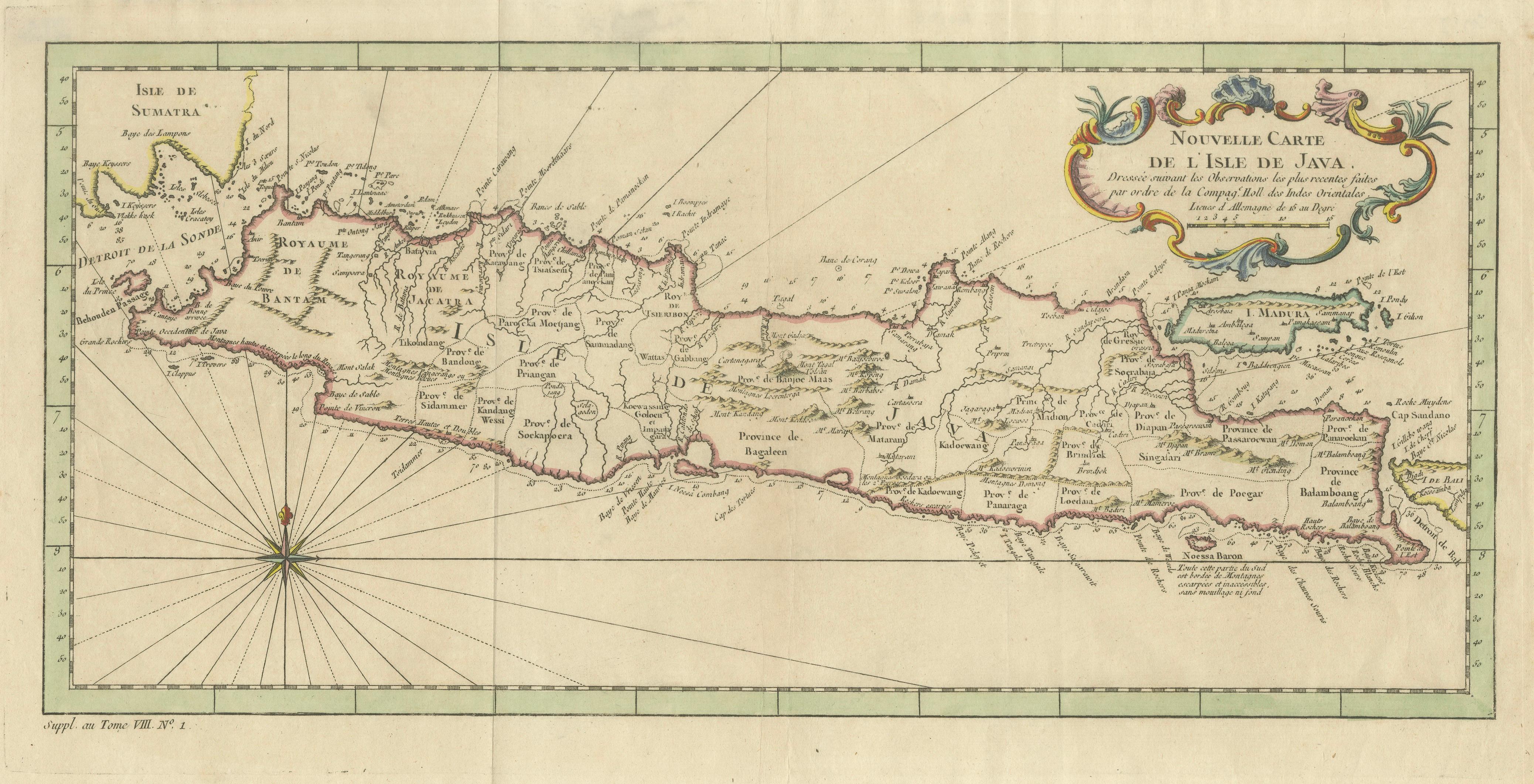 Antique Map of Java Indonesia, VOC Period, Decorative Cartouche, c.1750