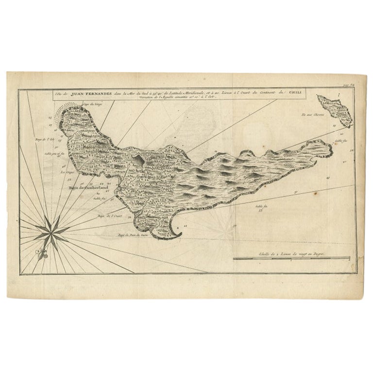 Mapa antiguo de Juan Fernández, Chile, c.1740 en venta