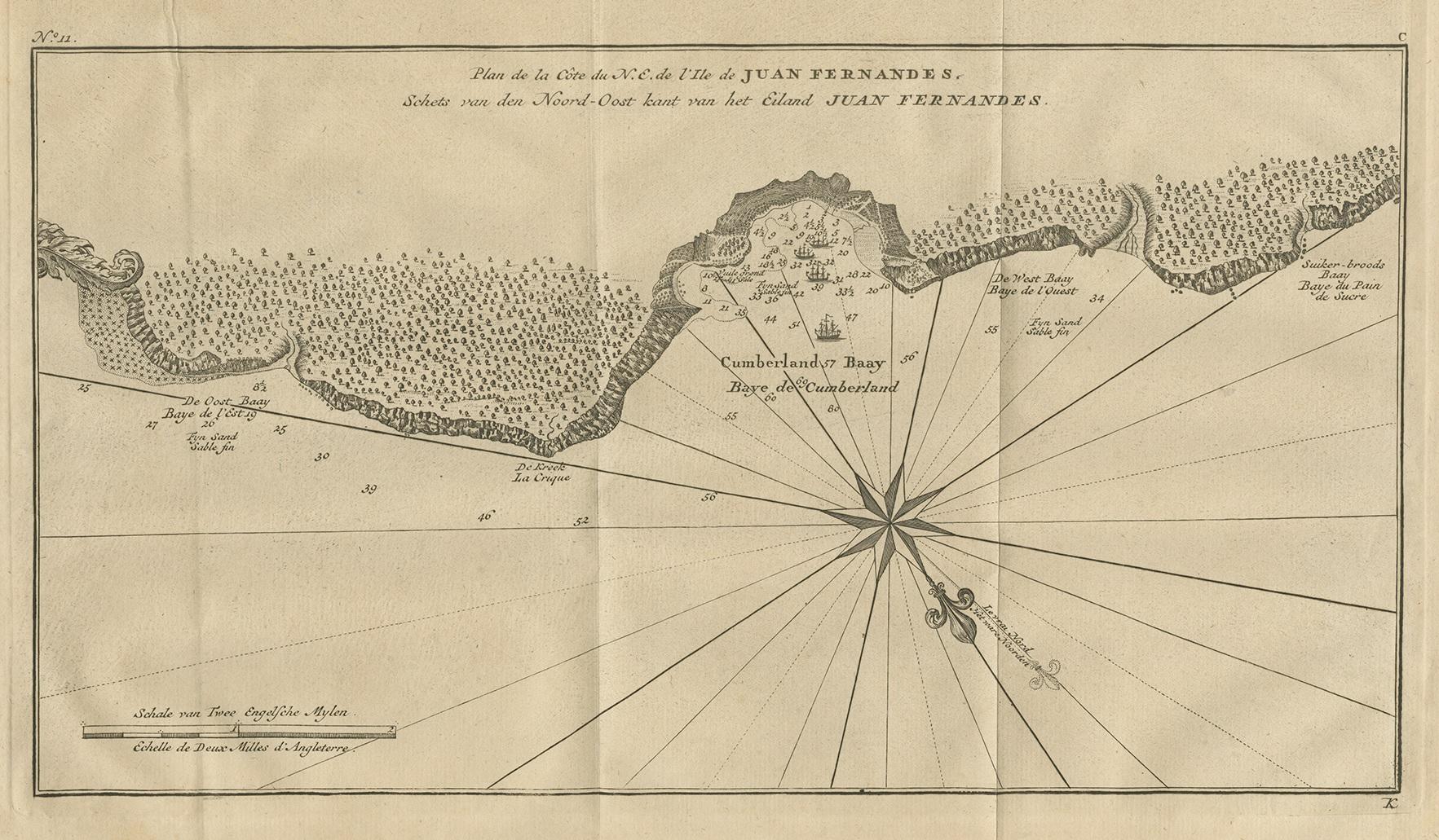 Antike Karte mit dem Titel 'Plan de la Côte du N.E. de l 'Ile de Juan Fernandes - Schets van den Noord-Oost kant van het eiland Juan Fernandes '. Diese Karte zeigt die Nordostküste der Insel Juan Fernandez mit der Cumberland Bay, Südamerika. 

1740
