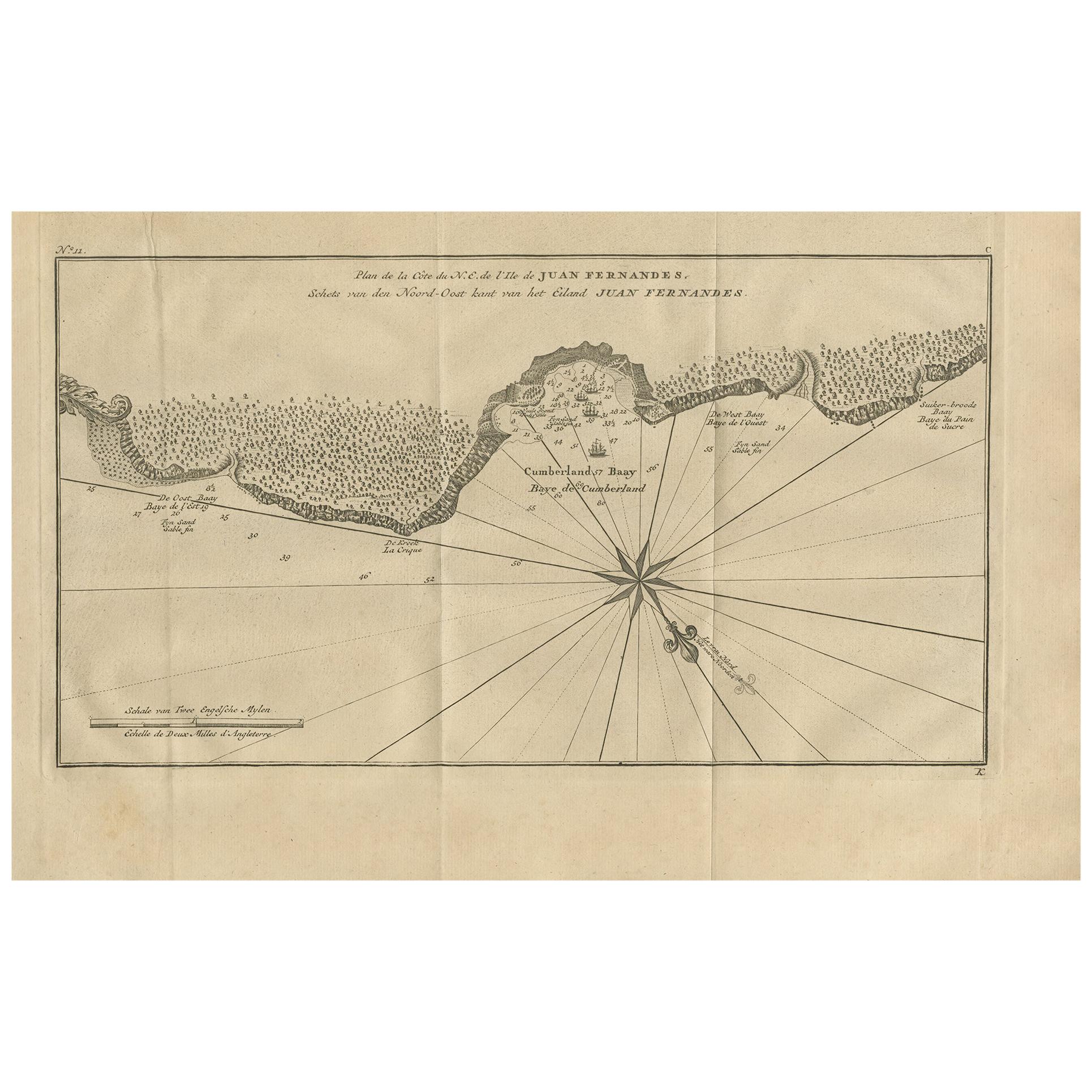 Carte ancienne de l'île de Juan Fernandez et de la baie de Cumberland, Chili, vers 1749