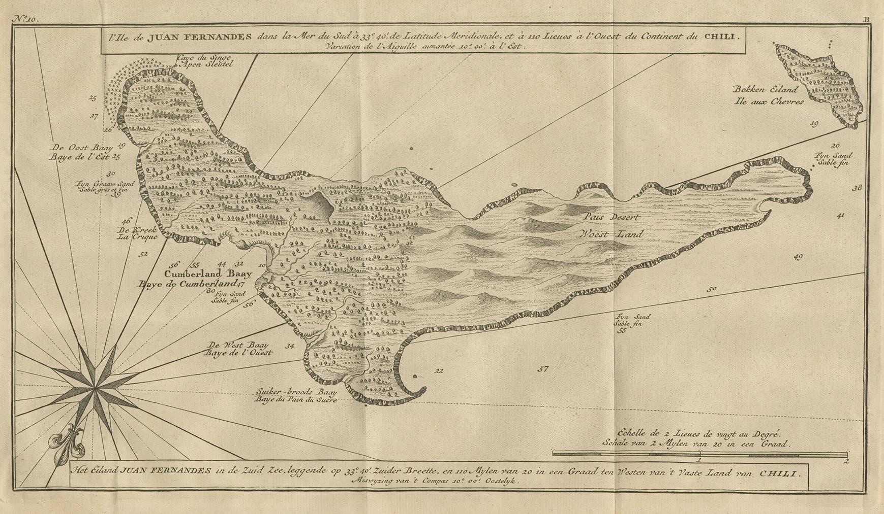 Antique map titled 'l'Ile de Juan Fernandes dans la Mer du Sud (..) - Het Eiland Juan Fernandes in de Zuid Zee (..)'. This map depicts Juan Fernandez Island in the Southern Sea. This map originates from 'Reize rondsom de Werreld (..)' by George