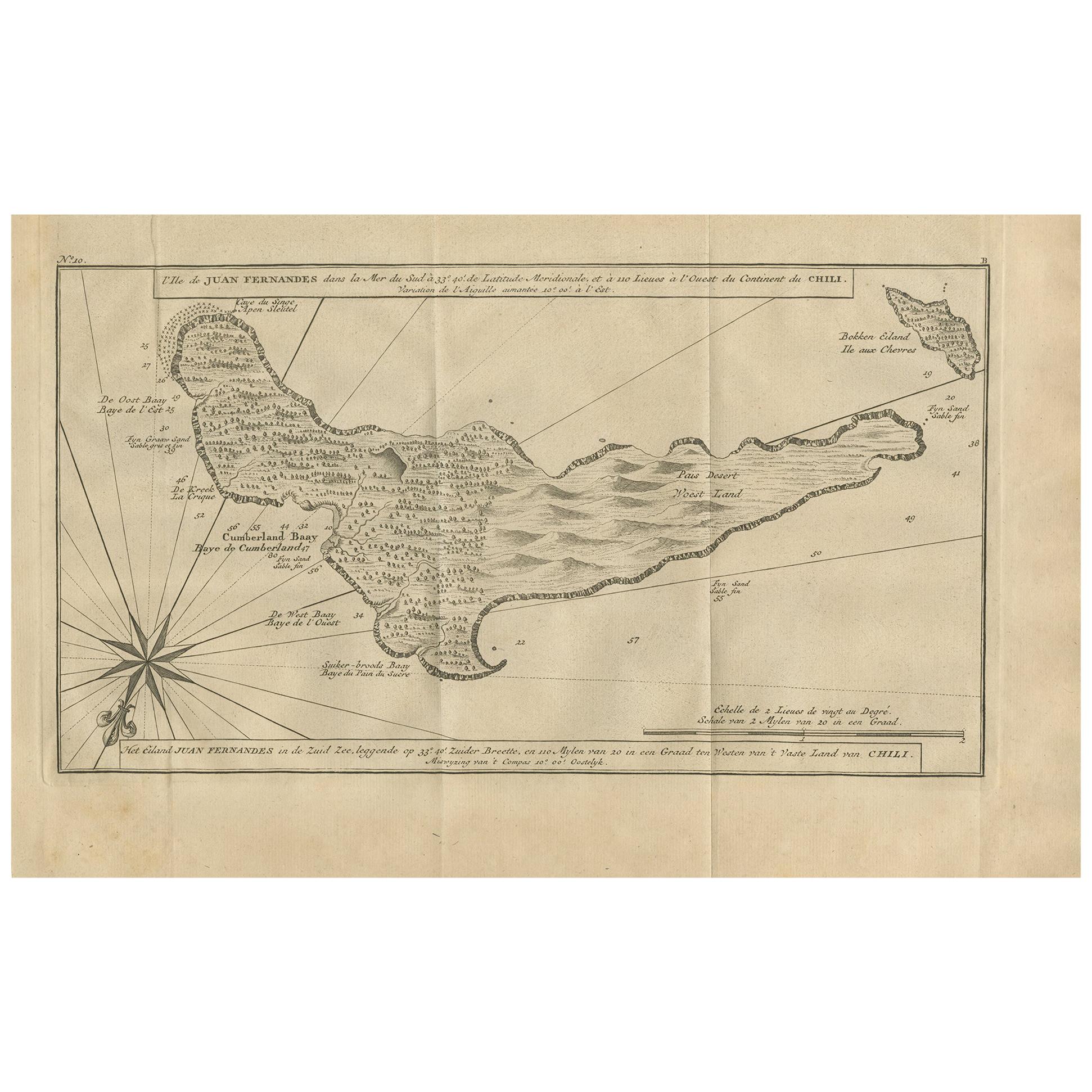 Carte ancienne de l'île de Juan Fernandez par Anson (1749) en vente