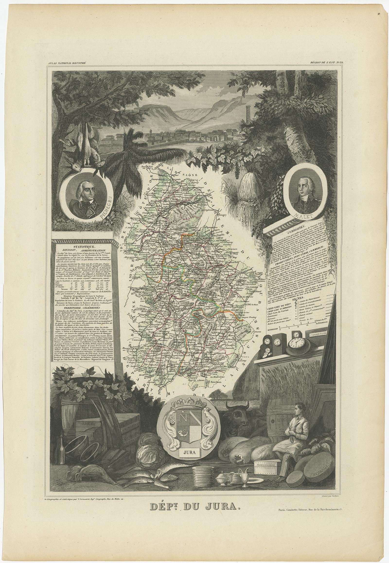 Antique map titled 'Dépt. du Jura'. Map of the French department Jura, France. 

Jura is a department in the Bourgogne-Franche-Comté region in Eastern France. Named after the Jura Mountains, its prefecture is Lons-le-Saunier. Its subprefectures are