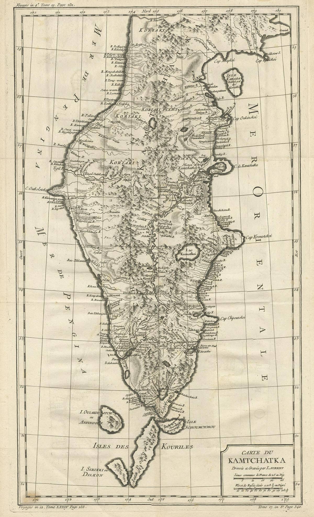 Antique 1757 Map of Kamchatka by Jacques-Nicolas Bellin, France