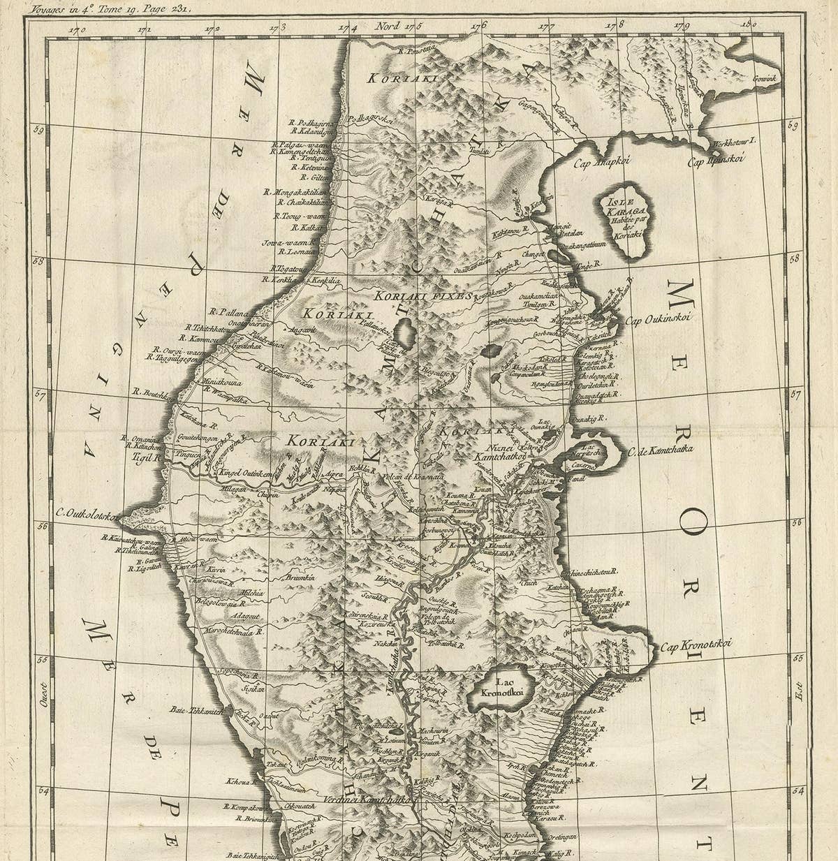 Antique 1757 Map of Kamchatka by Jacques-Nicolas Bellin, France
