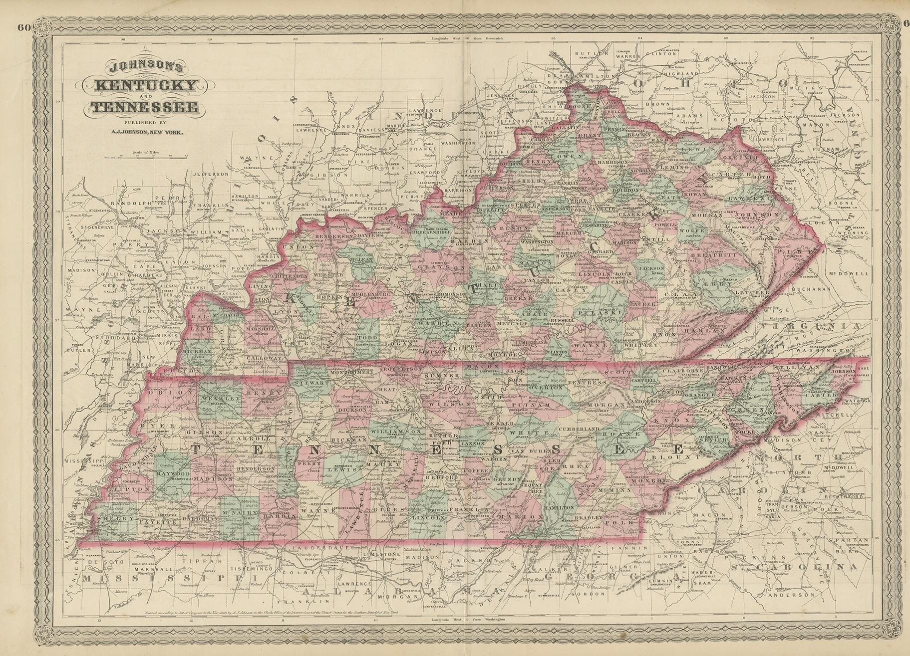 Antique map titled 'Johnson's Kentucky (..)'. Original map of Kentucky and Tennessee. This map originates from 'Johnson's New Illustrated Family Atlas of the World' by A.J. Johnson. Published 1872.