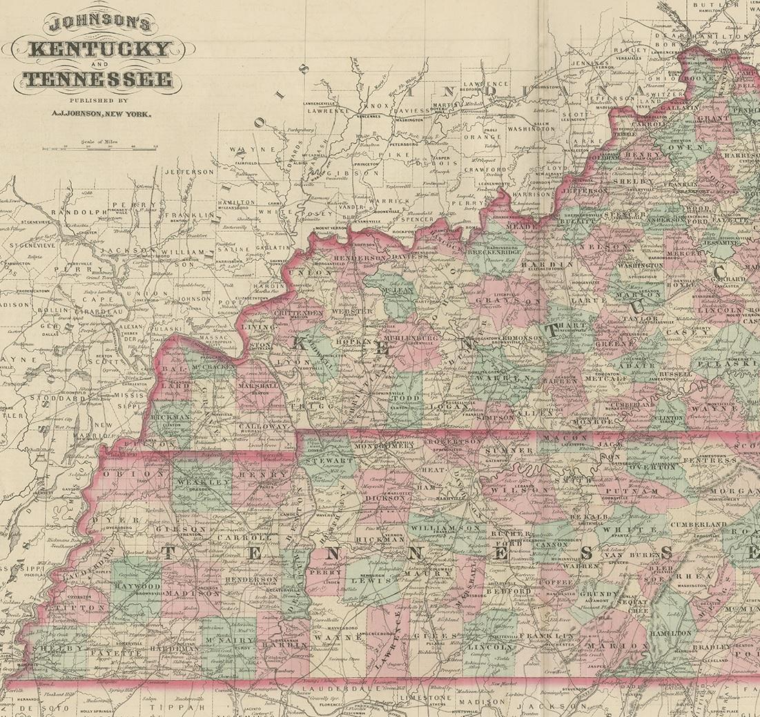 Antike Karte von Kentucky und Tennessee von Johnson, 1872 im Zustand „Relativ gut“ im Angebot in Langweer, NL