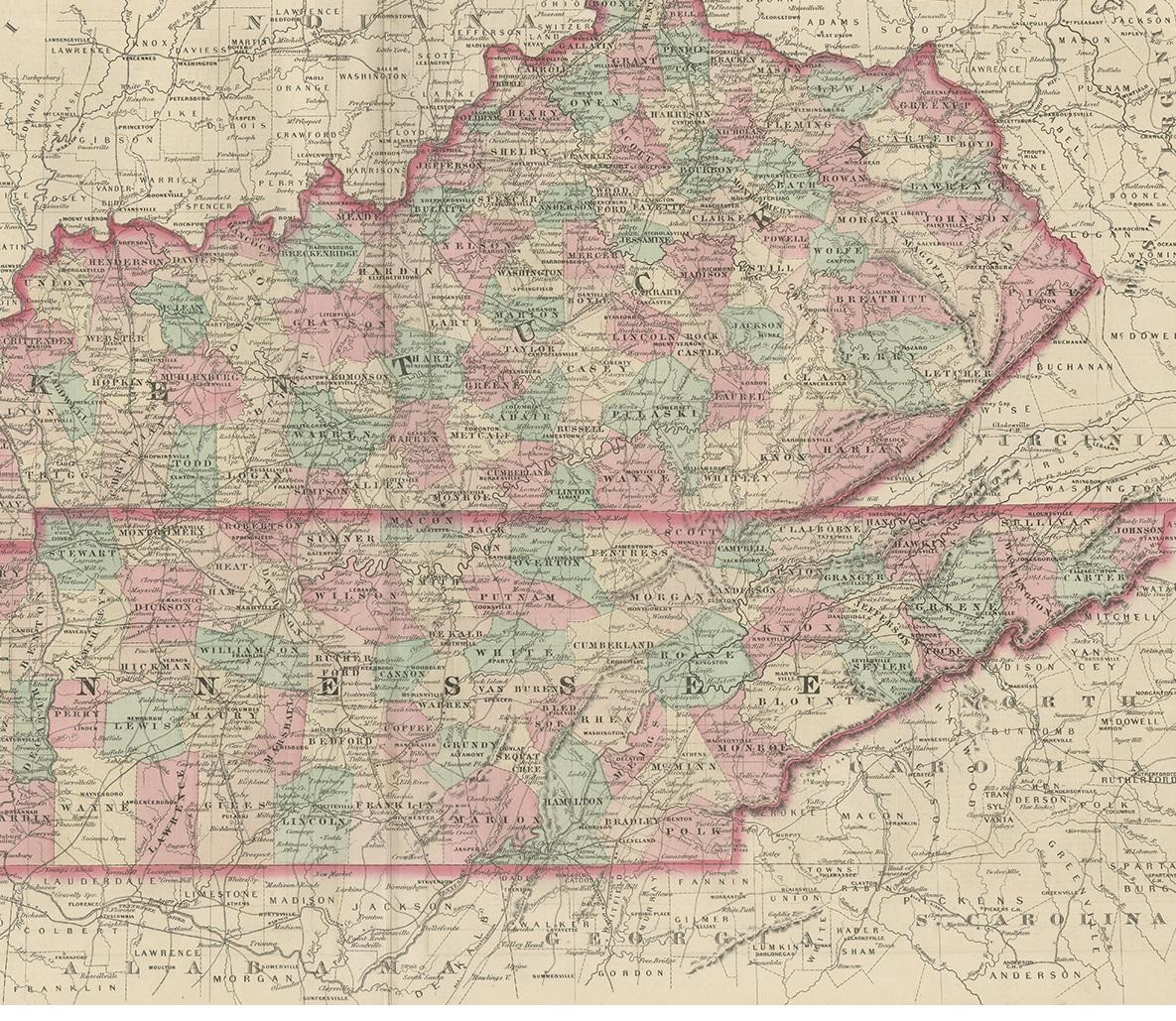 Antike Karte von Kentucky und Tennessee von Johnson, 1872 (19. Jahrhundert) im Angebot