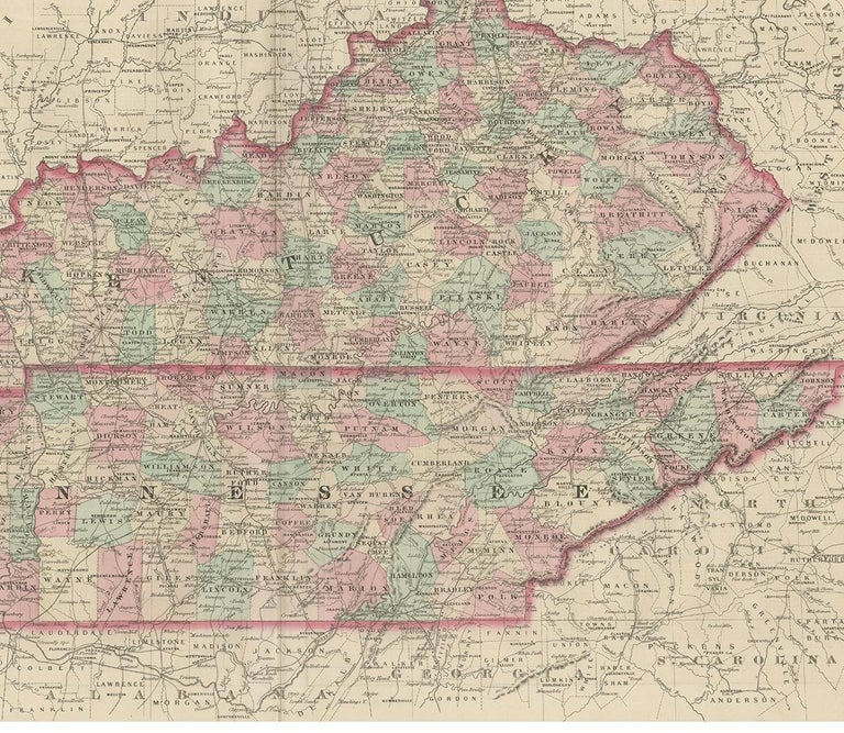 Antique Map of Kentucky and Tennessee by Johnson, 1872 For Sale at 1stDibs