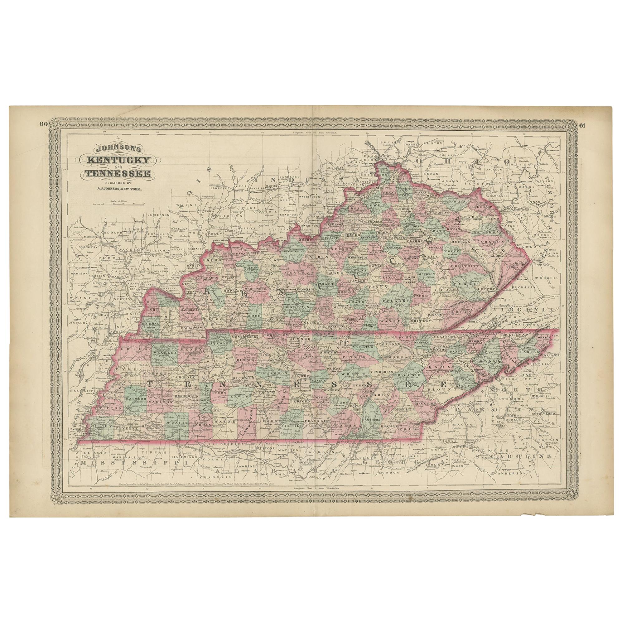 Antike Karte von Kentucky und Tennessee von Johnson, 1872 im Angebot