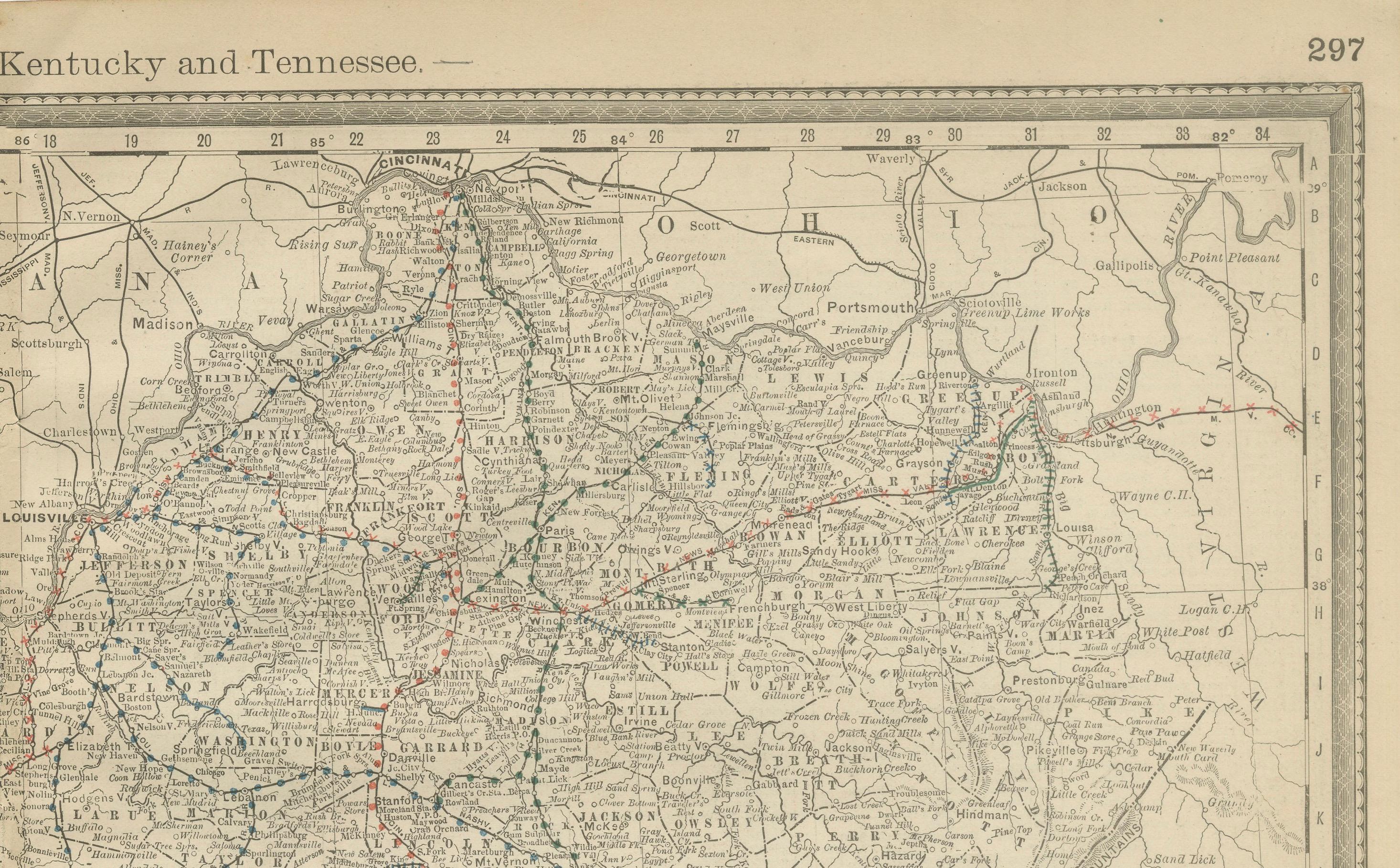 Antique Map of Kentucky & Tennessee – The Bluegrass & Volunteer States, 1888 In Good Condition For Sale In Langweer, NL