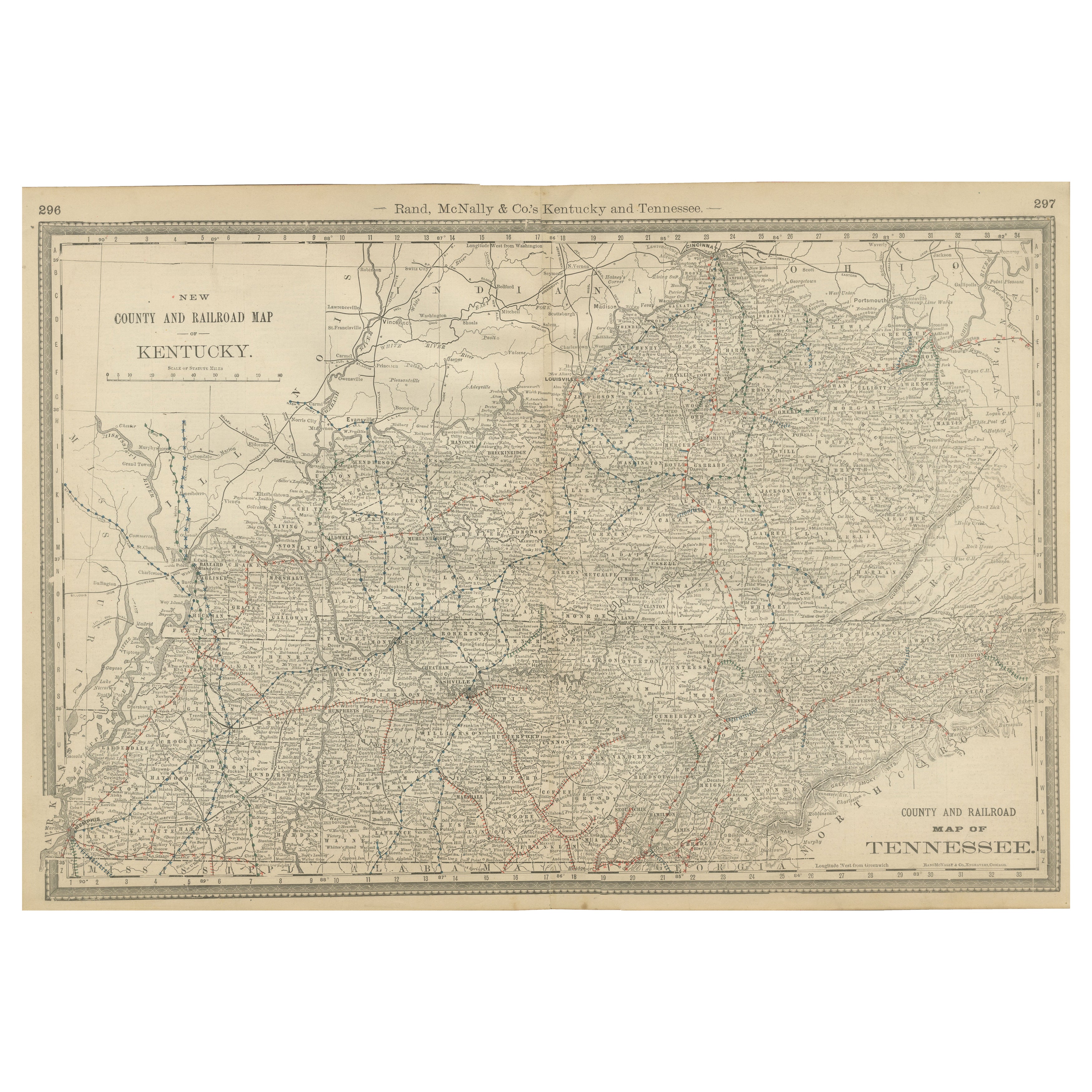 Antique Map of Kentucky & Tennessee – The Bluegrass & Volunteer States, 1888 For Sale