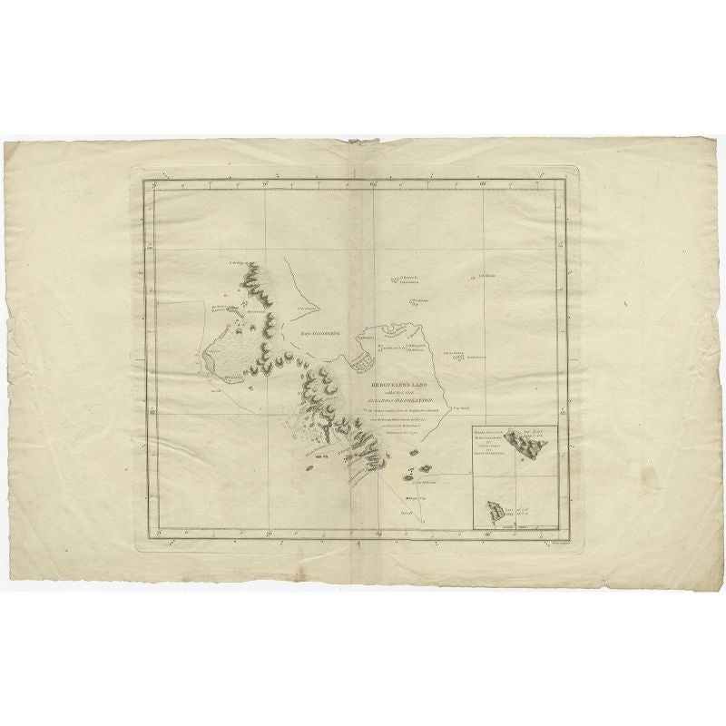 Antique print titled 'Kerguelen's Land (..)'. Antique map of Kerguelens island coast, known today as the Desolation islands. Originates from 'Voyage to the Pacific Ocean, undertaken by the Command of His Majesty, for making discoveries in the