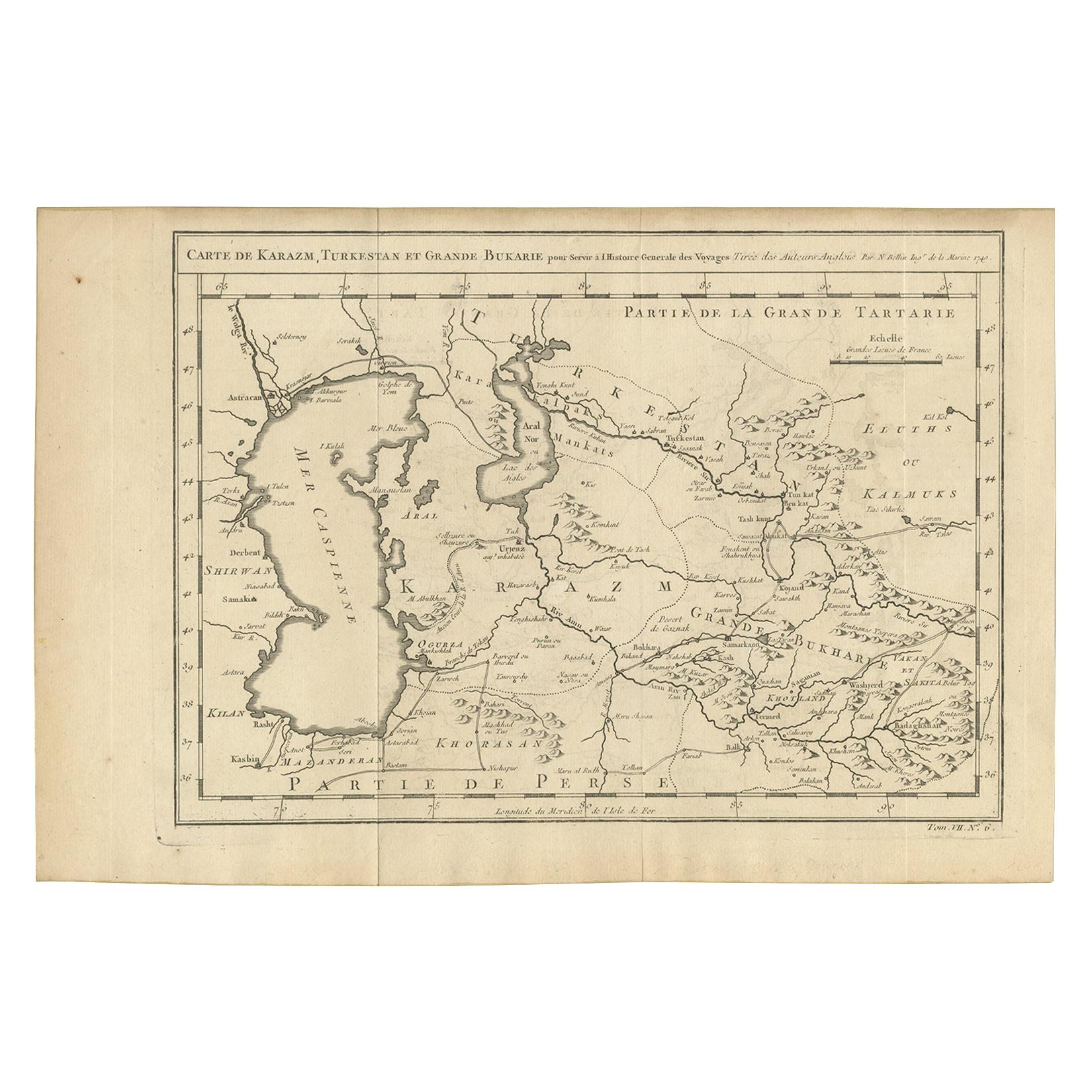 Antique Map of Khwarezm, Turkestan and Great Bukhara by Bellin, '1749' For Sale