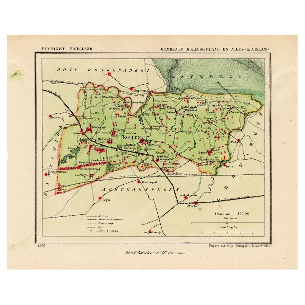 Carte ancienne de Kollumerland, une ville du Friesland, aux Pays-Bas, 1868