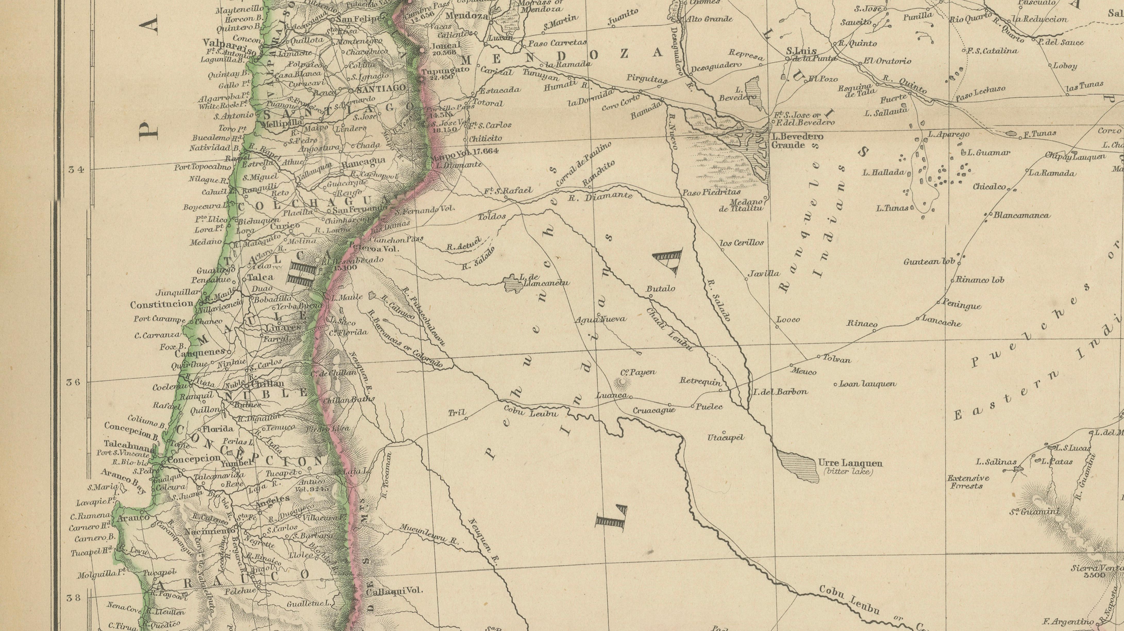 Antique Map of La Plata, Chile, Paraguay, Uruguay and Patagonia, 1860
