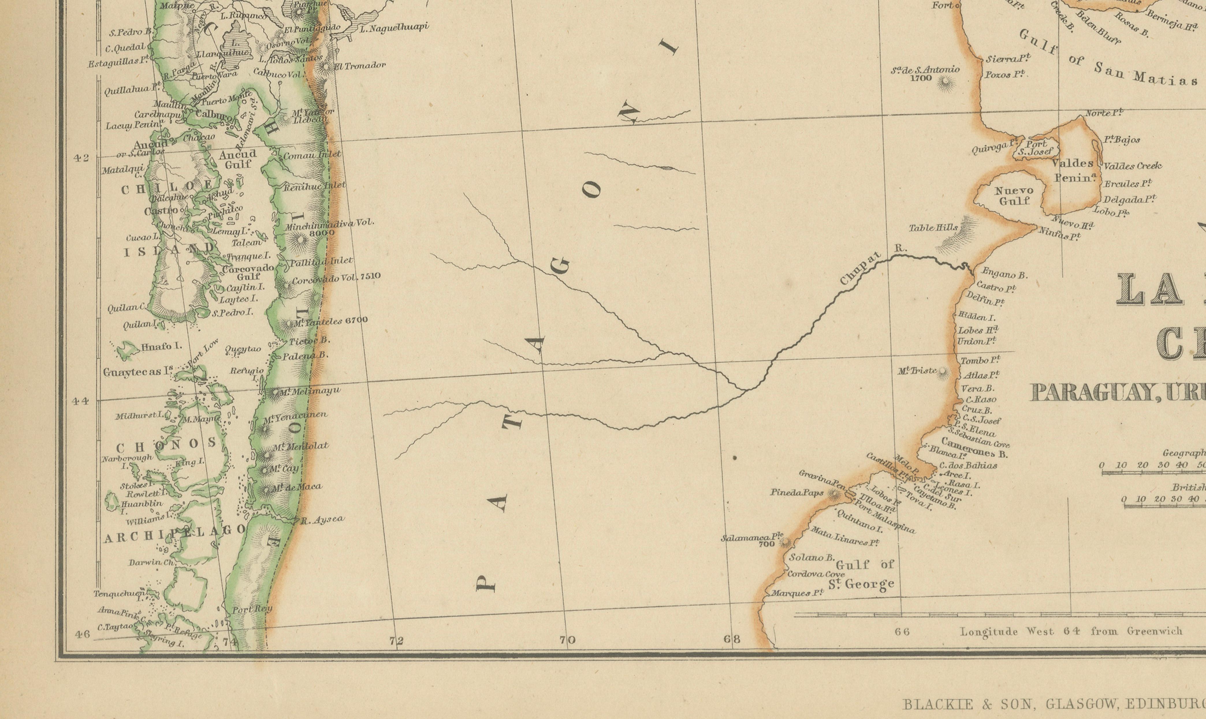 Antique Map of La Plata, Chile, Paraguay, Uruguay and Patagonia, 1860