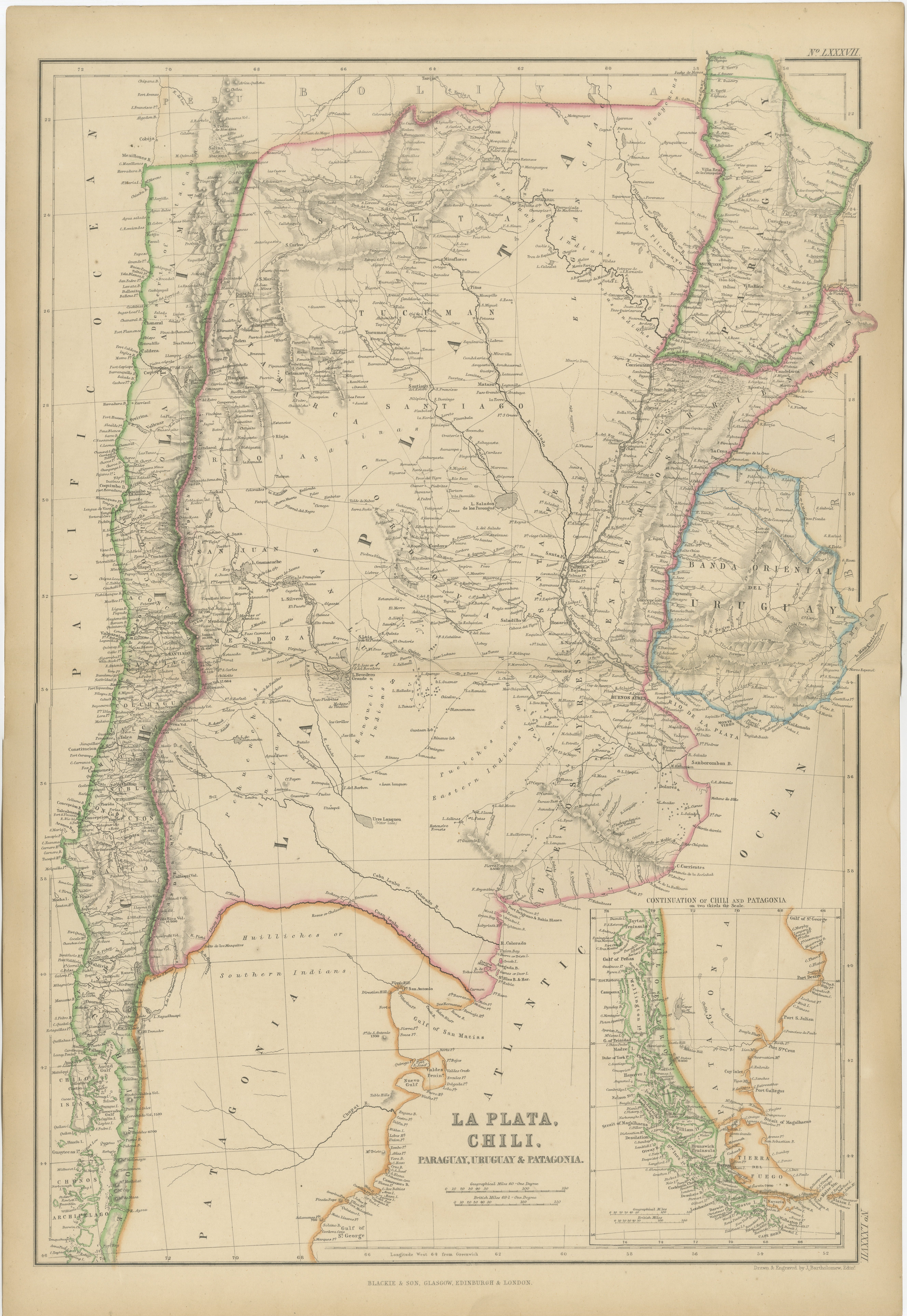 Antique Map of La Plata, Chile, Paraguay, Uruguay and Patagonia, 1860