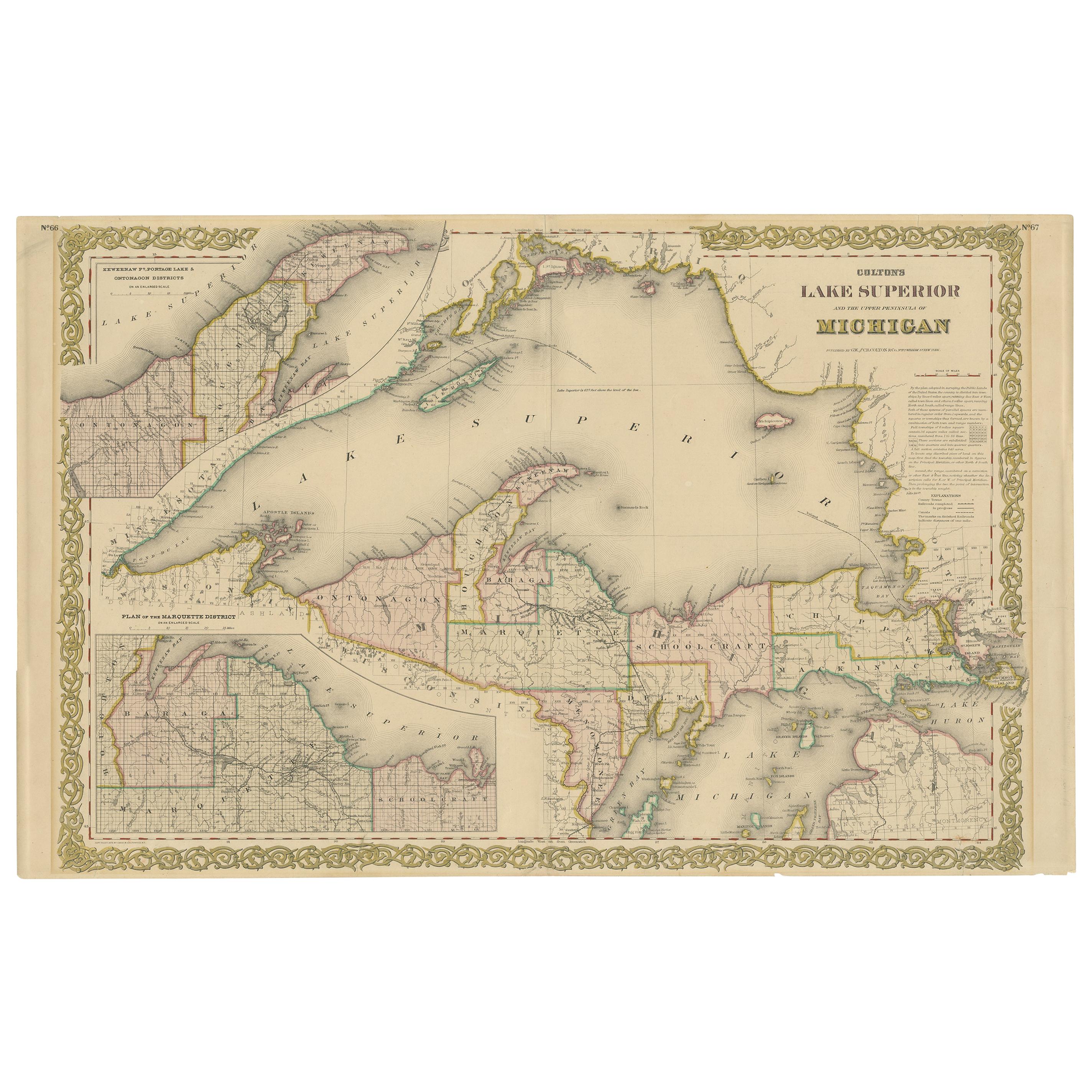 Antique Map of Lake Superior and the Upper Peninsula of Michigan 'c.1870'