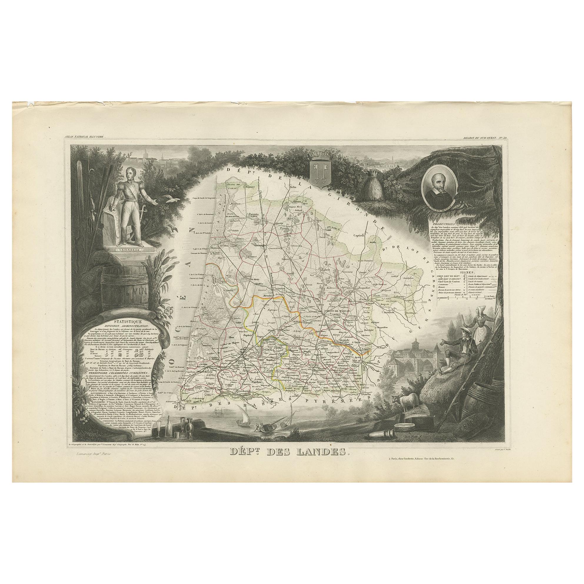Antique Map of Landes ‘France’ by V. Levasseur, 1854 For Sale