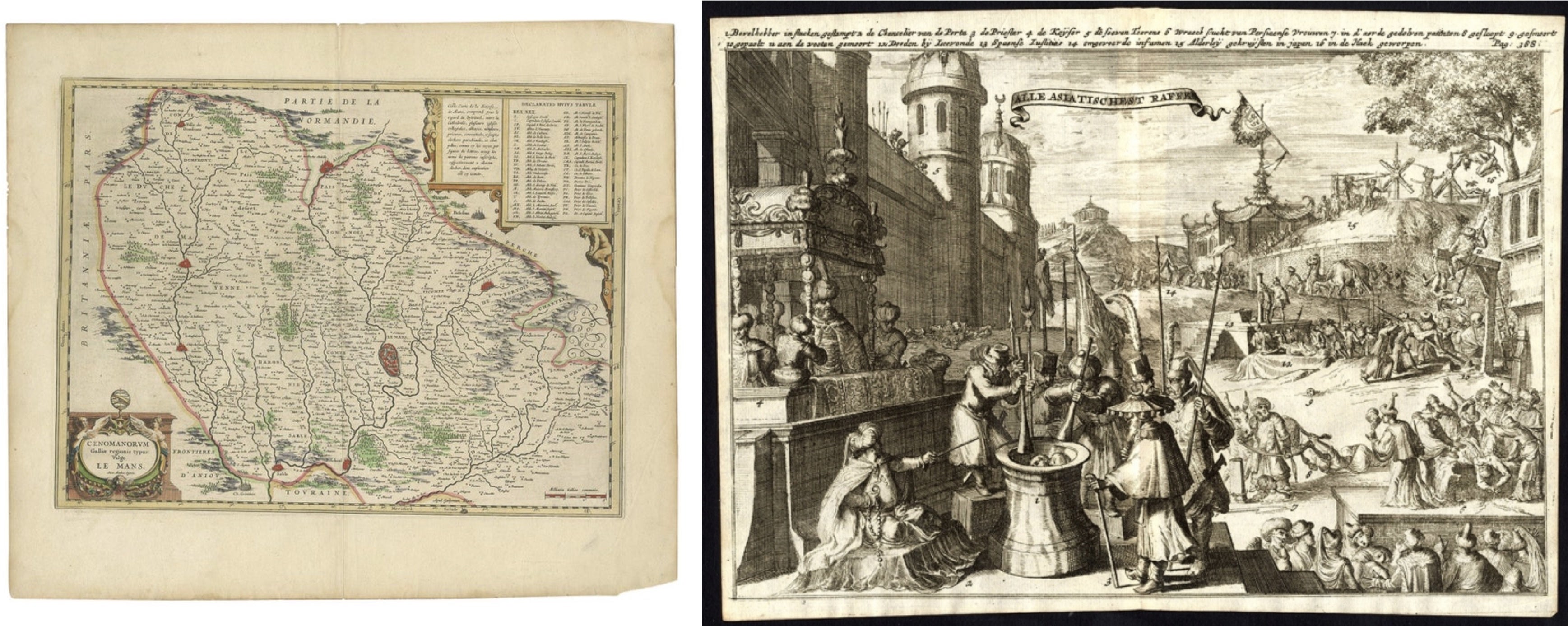 Carte ancienne du Mans et gravure ancienne de Asiatische Straffen par De Hooghe en vente